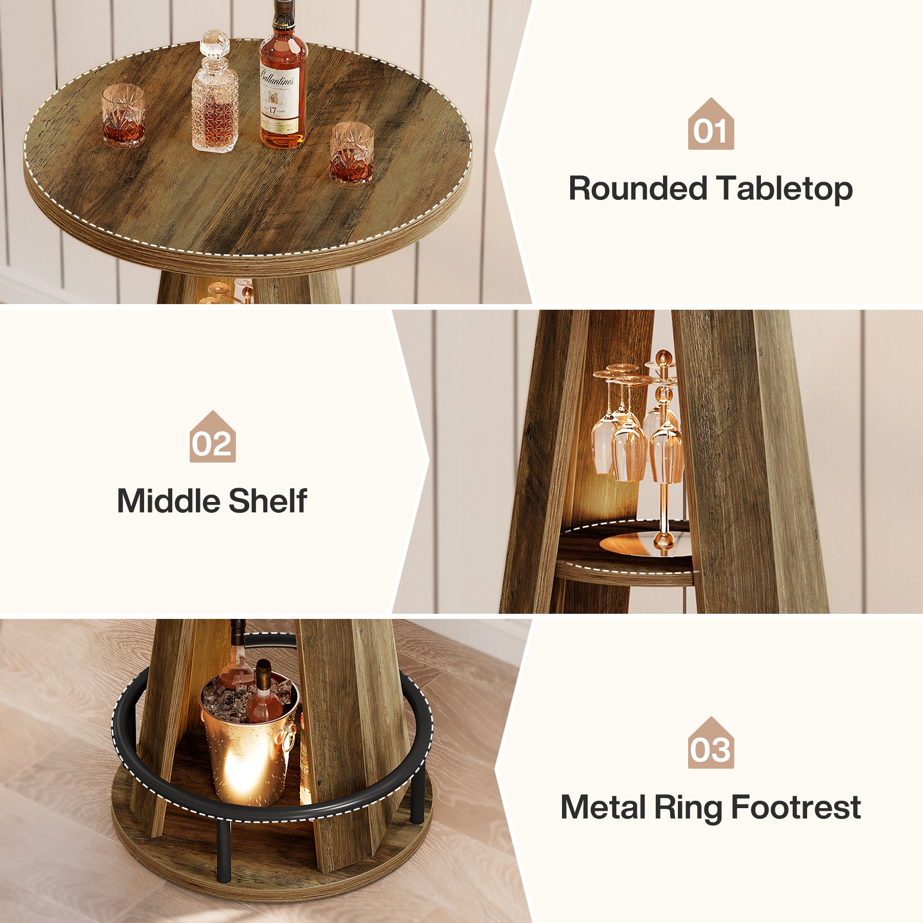 39.4-Inch Round Bar Table, High Top Industrial Bistro Table with Storage and Metal Footrest