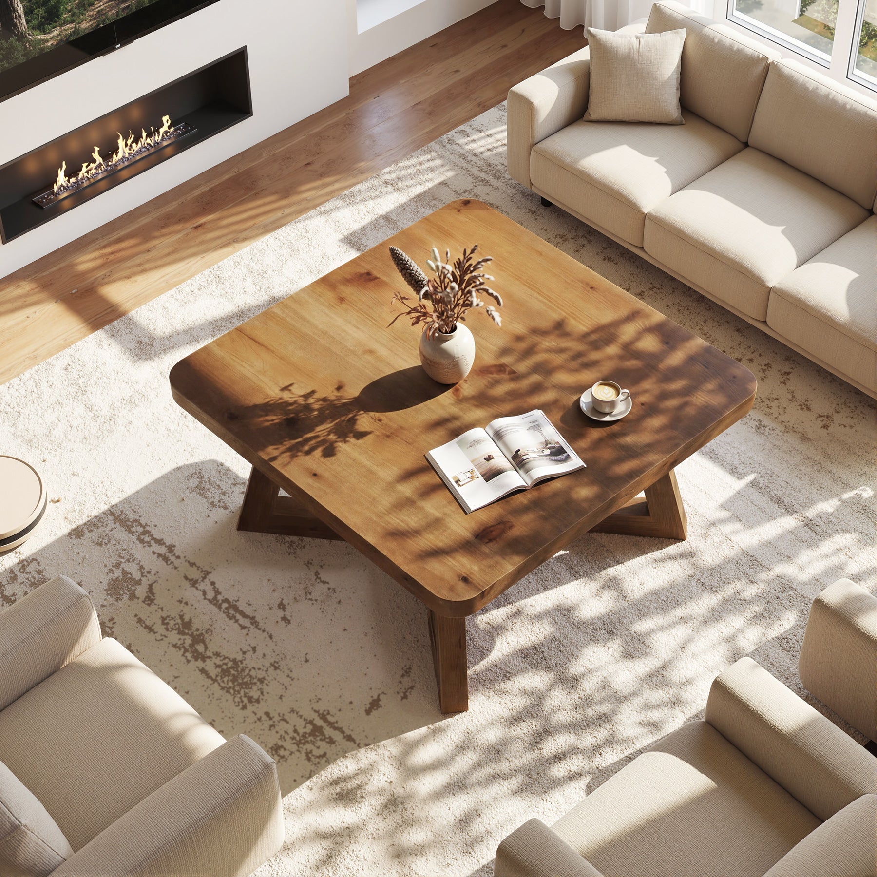 31.5 Inch Solid Wood Square Coffee Table, Farmhouse Center Table with Pedestal for Living Room