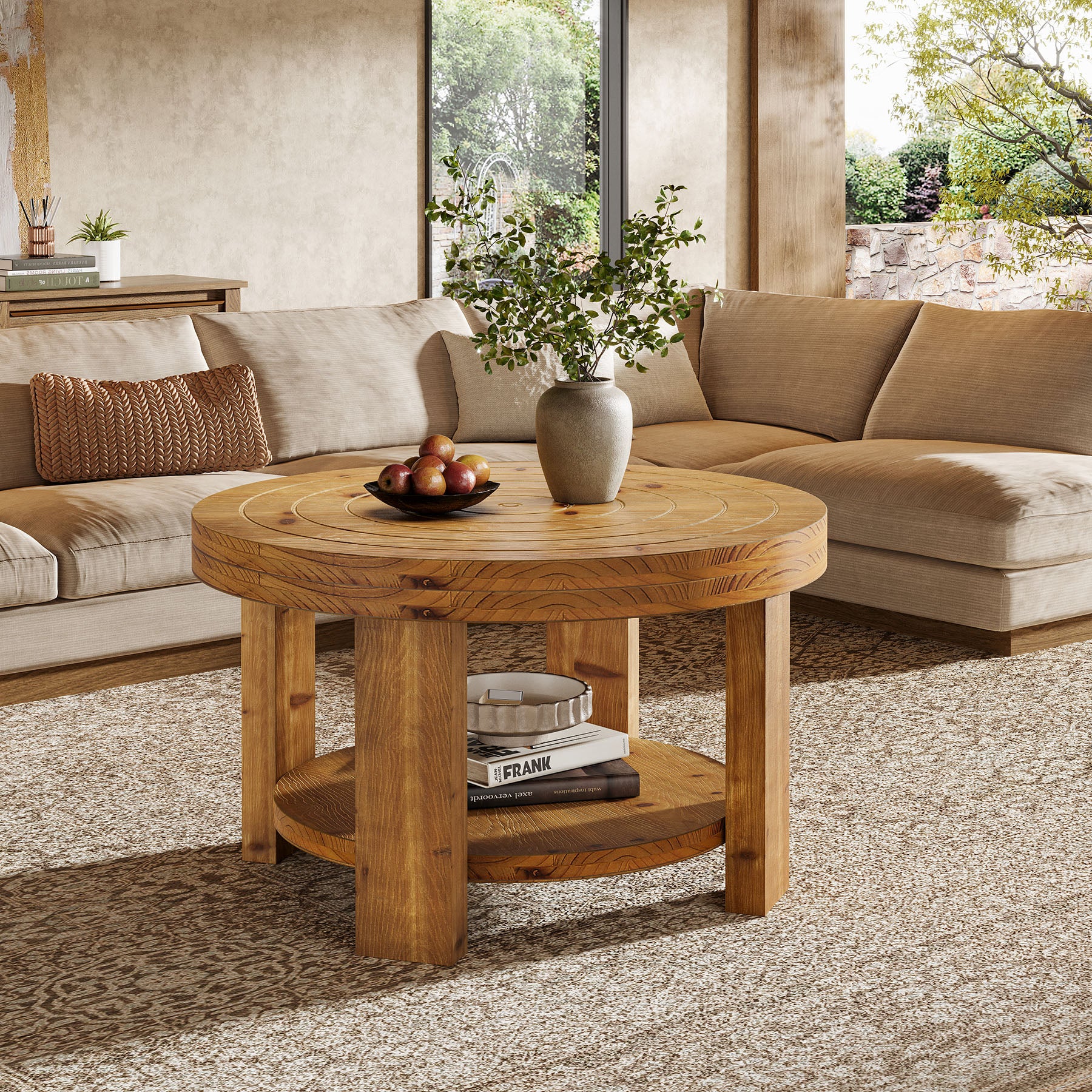 31.5-Inch Round Coffee Table, Farmhouse Solid Wood 2-Tier Storage Accent Table with Boho Design