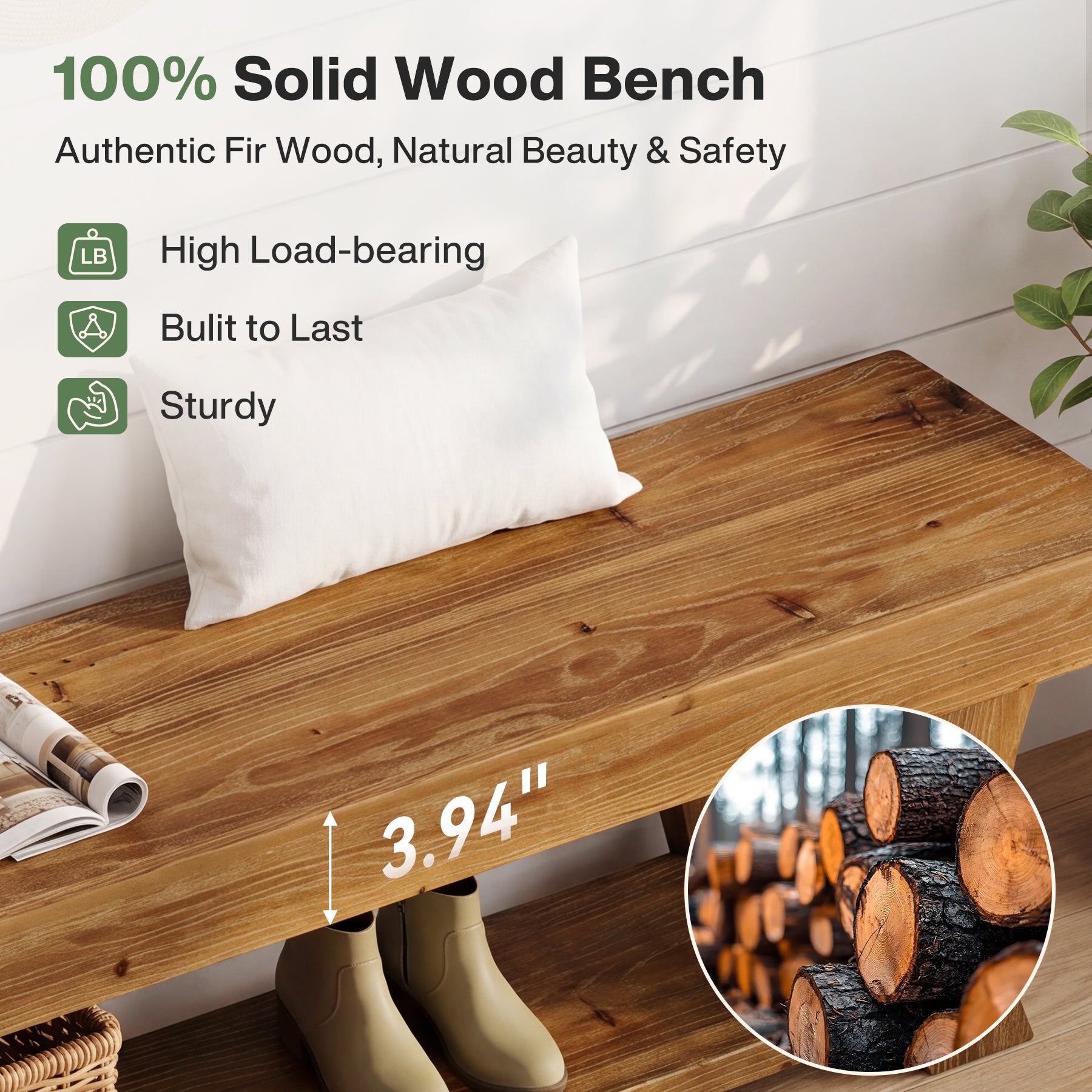 63-Inch Solid Fir Wood Storage Bench with Curved Legs, Farmhouse Bench for Hallway