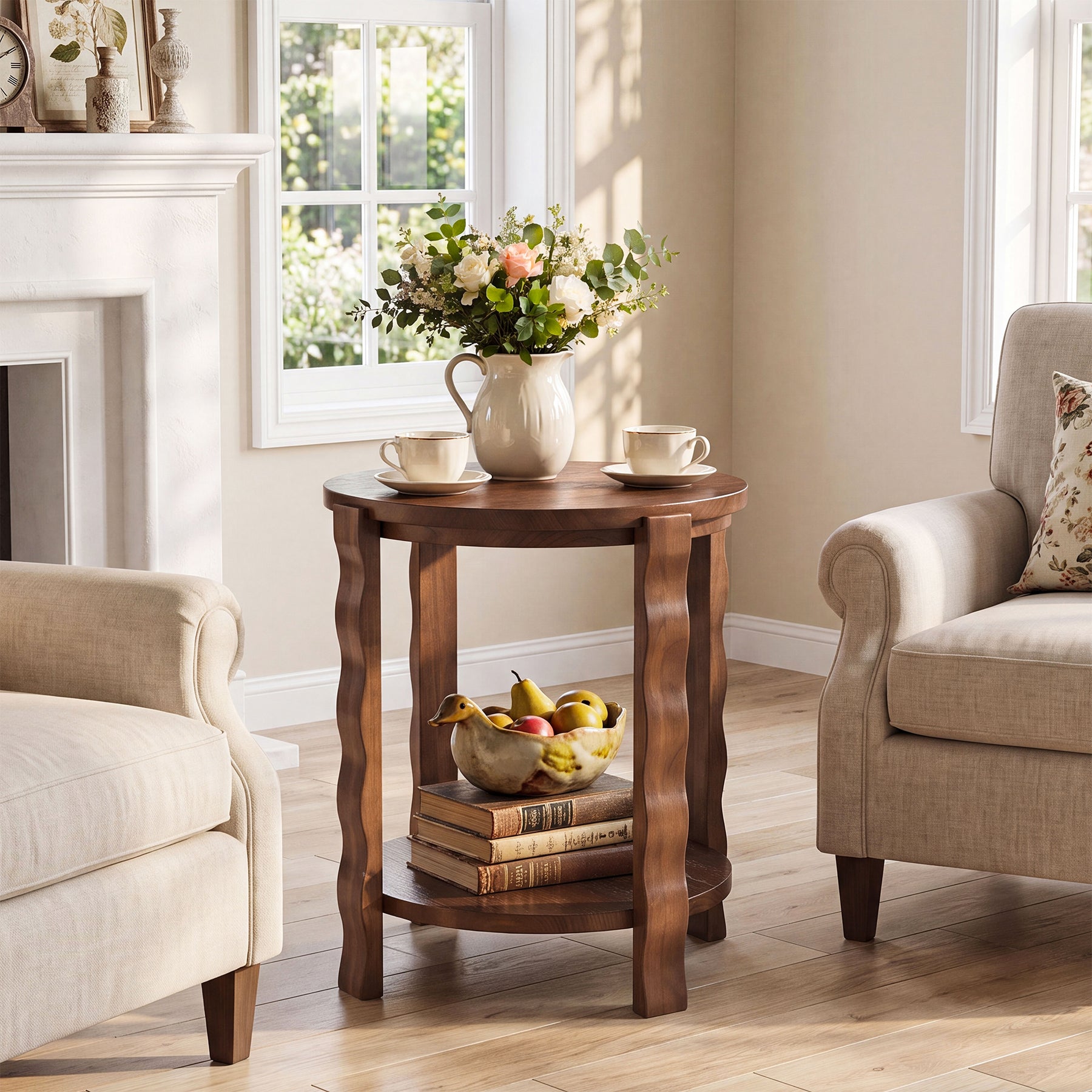 Tribesigns 19.69-Inch Round Side Table with 2-Tier Storage, Solid Wood End Table for Living Room