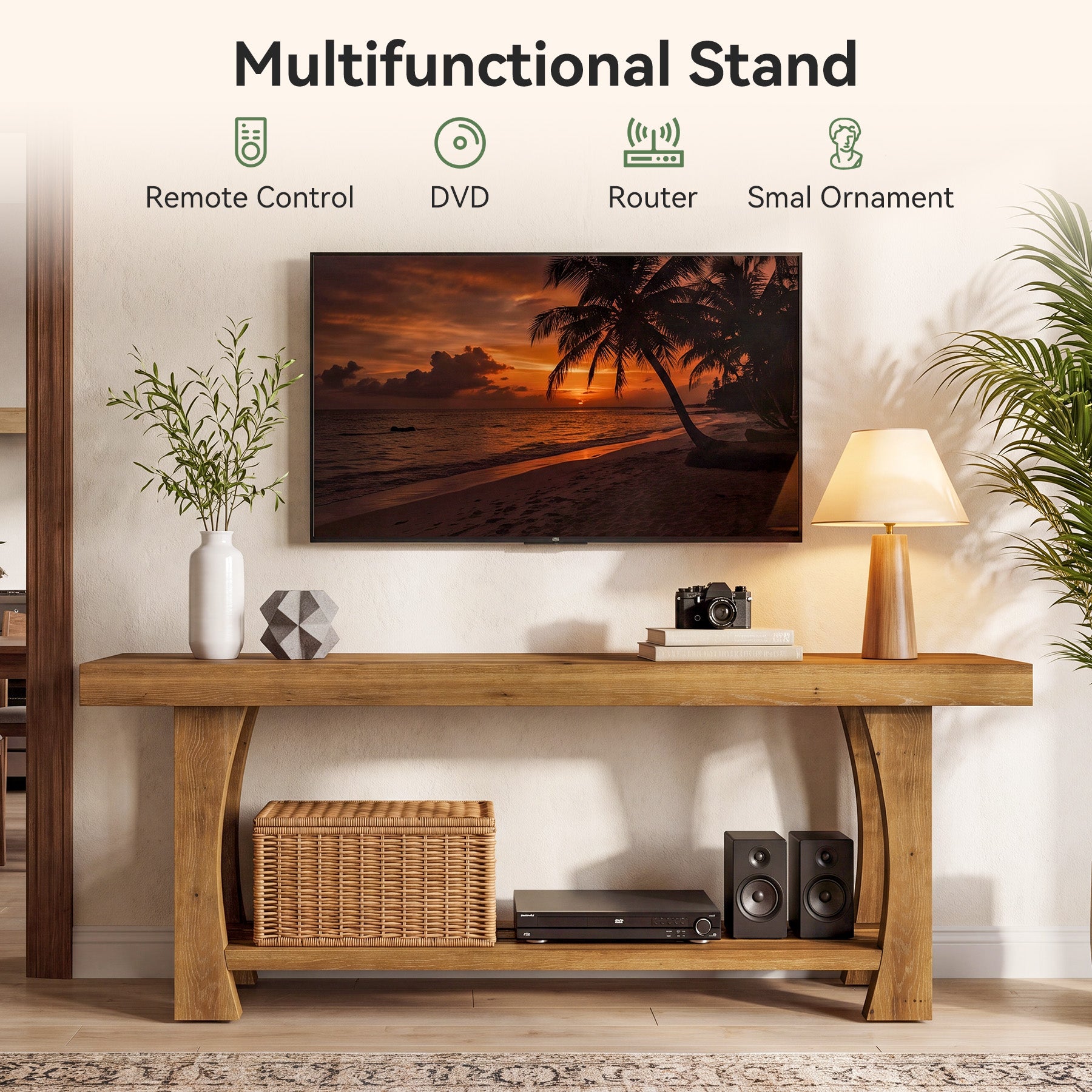 Tribesigns Solid Wood TV Stand for TVs up to 70 Inch, Farmhouse Media Console with Slatted Shelf