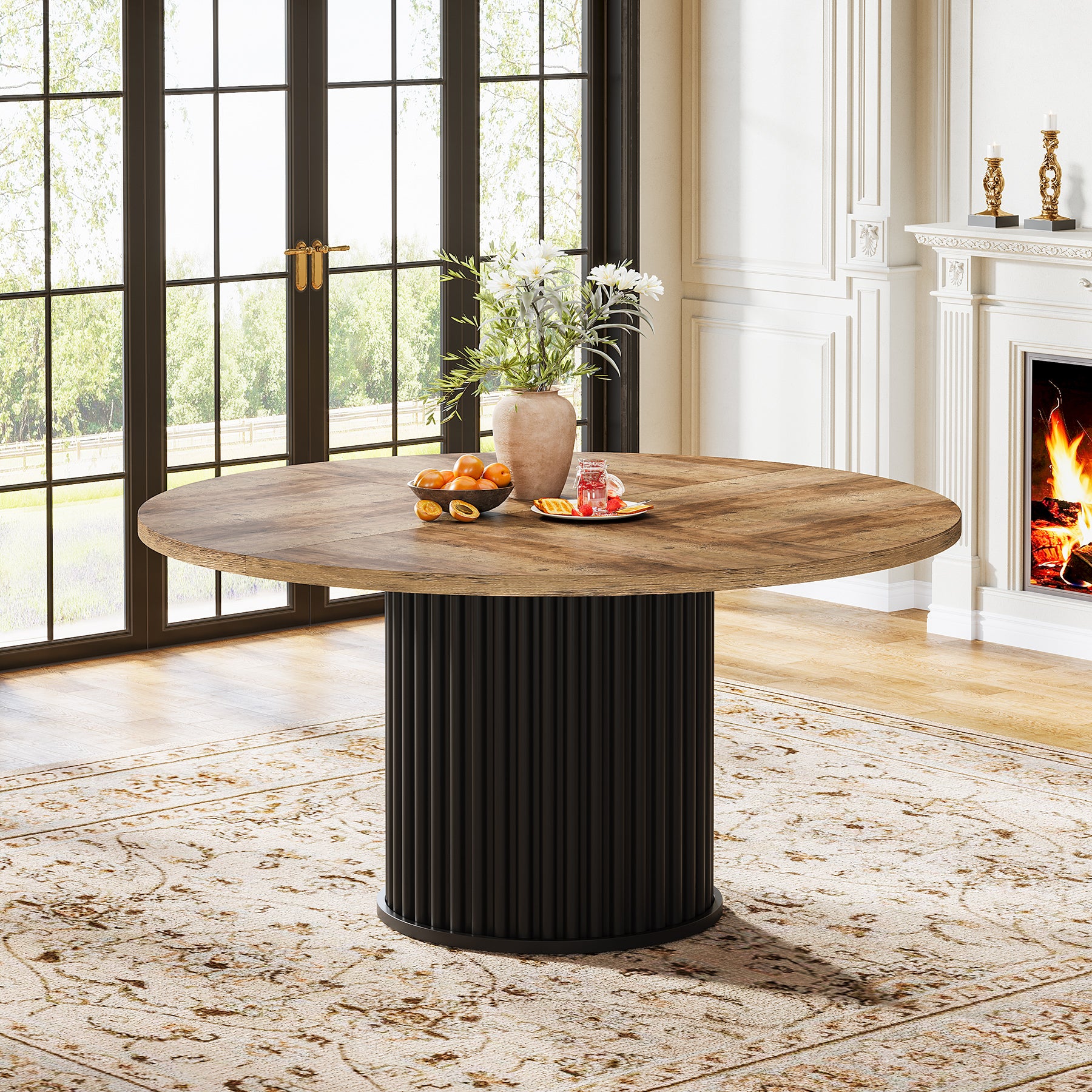 47" Round Dining Table for 4–6 People, Modern Farmhouse Kitchen Table with Fluted Pedestal Base