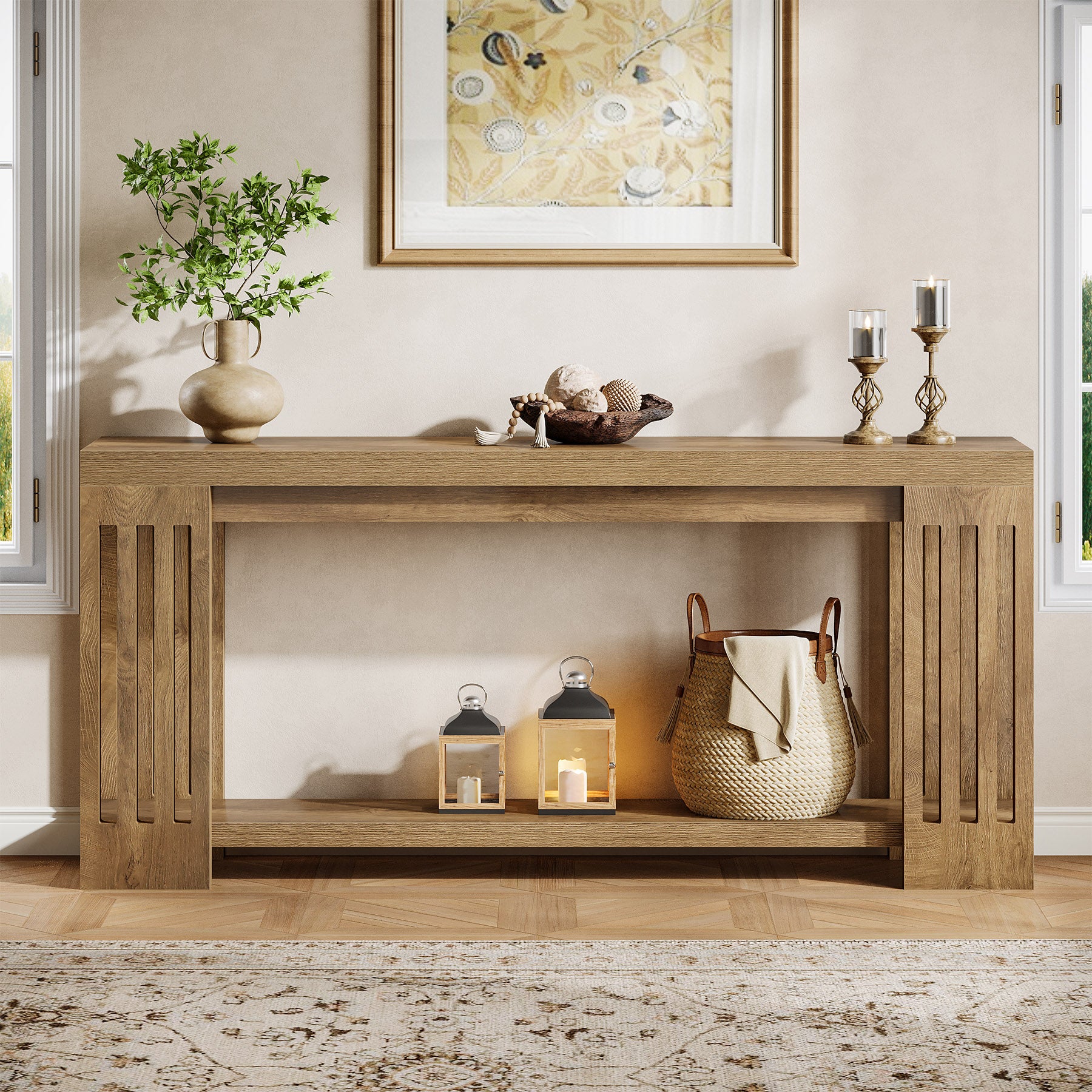 Tribesigns 70.9-Inch Farmhouse Console Table with Vertical Stripe Legs, 2-Tier Sofa Table for Living Room