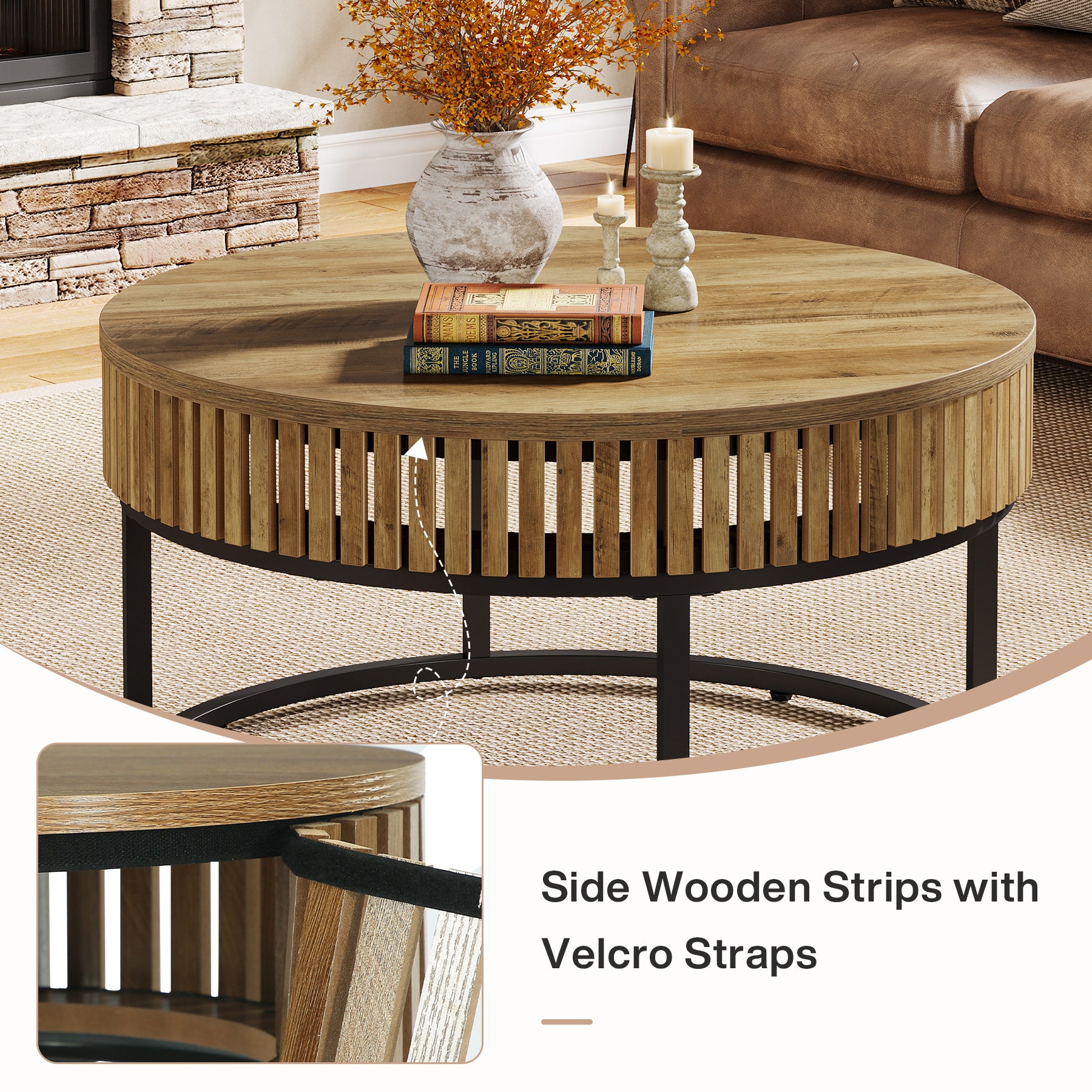 Tribesigns 31.5-Inch Round Coffee Table, Farmhouse Cocktail Table with Black Metal Legs for Living Room