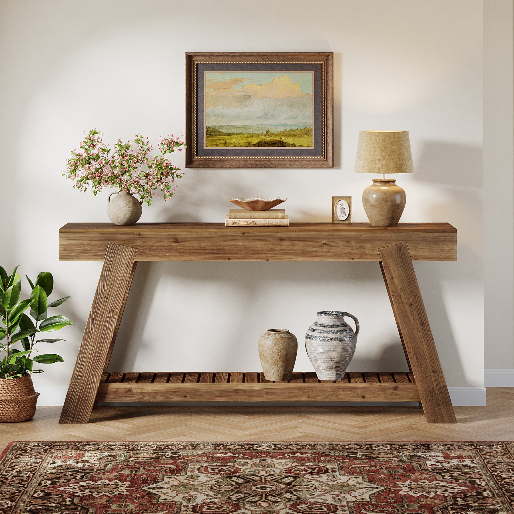 63" Solid Wood Console Table, Farmhouse Narrow Sofa Table for Entryway Hallway and Living Room in Classic Brown