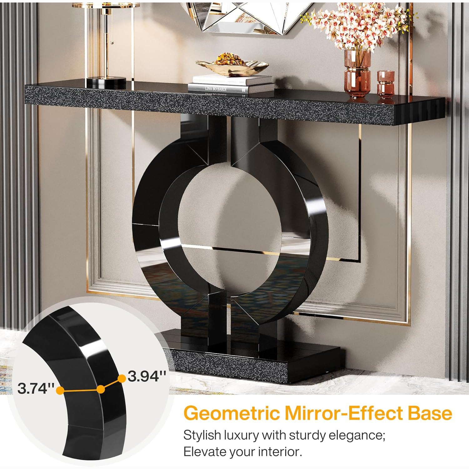 43" Modern Mirrored Console Table - O-Shaped Black Base Narrow Entryway & Sofa Table with Glass Finish
