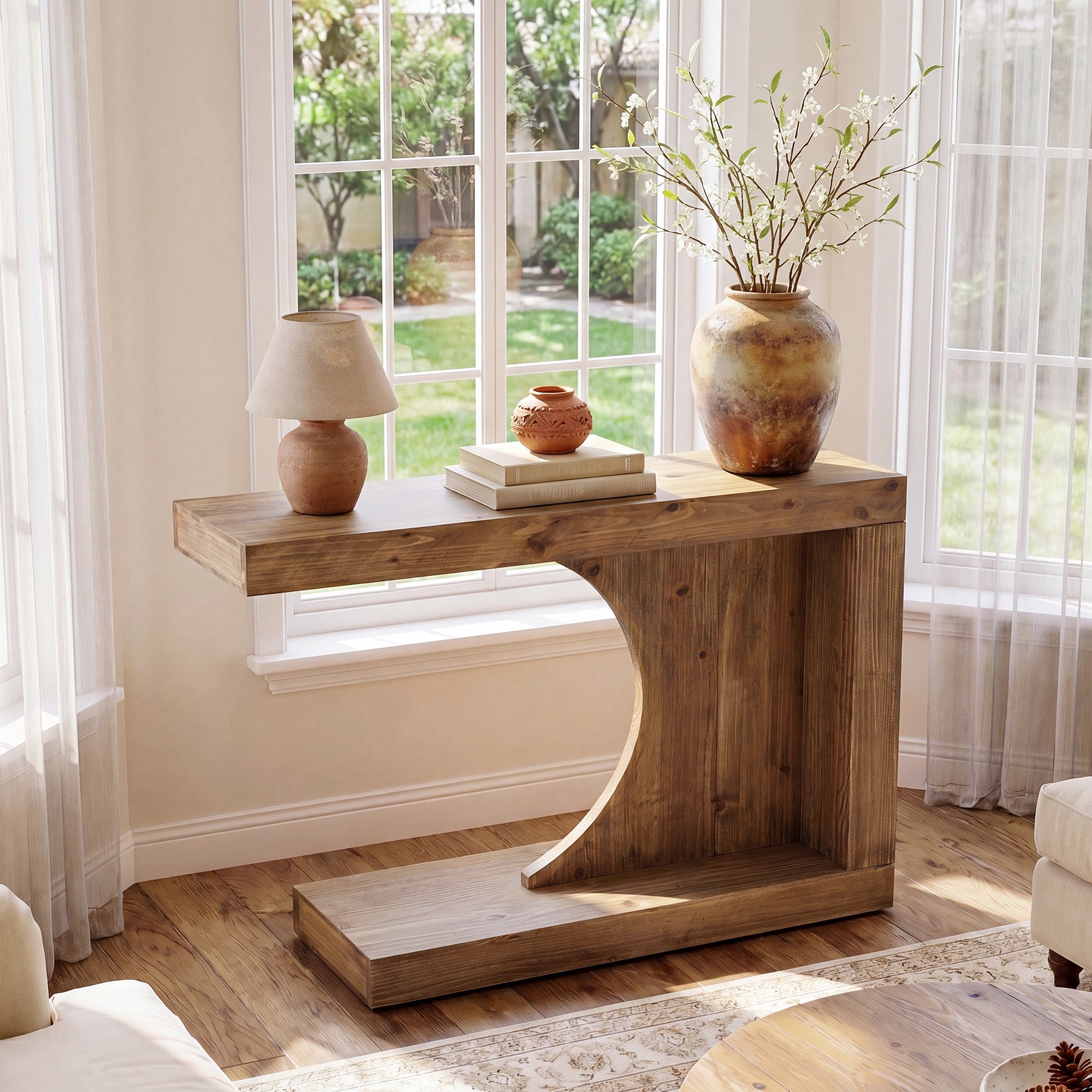 39.4-Inch C-Shaped Solid Wood Console Table, Narrow Modern Entryway Accent Table