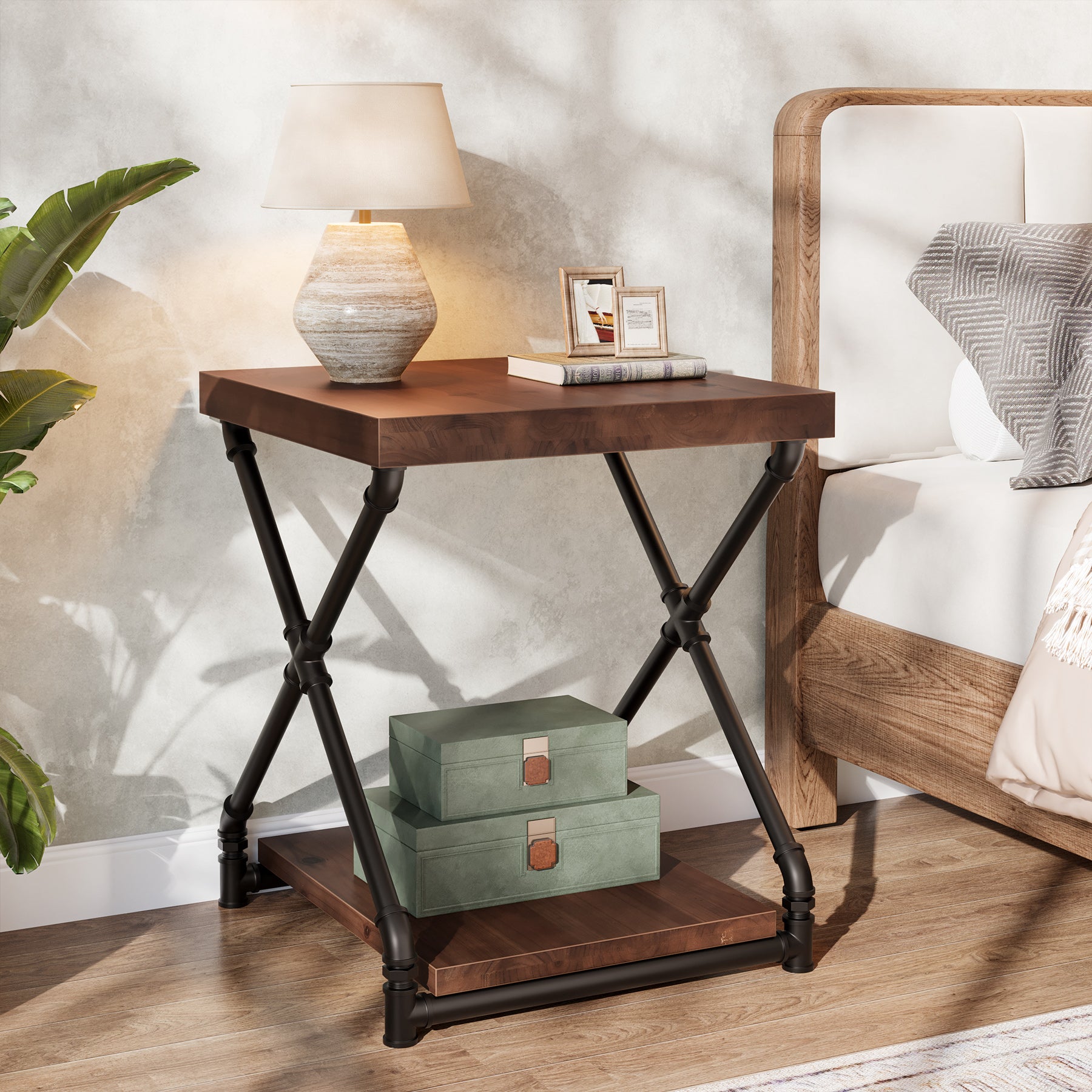 Solid Wood End Table with Storage Shelf and X-Shaped Legs, Small Wood Nightstand