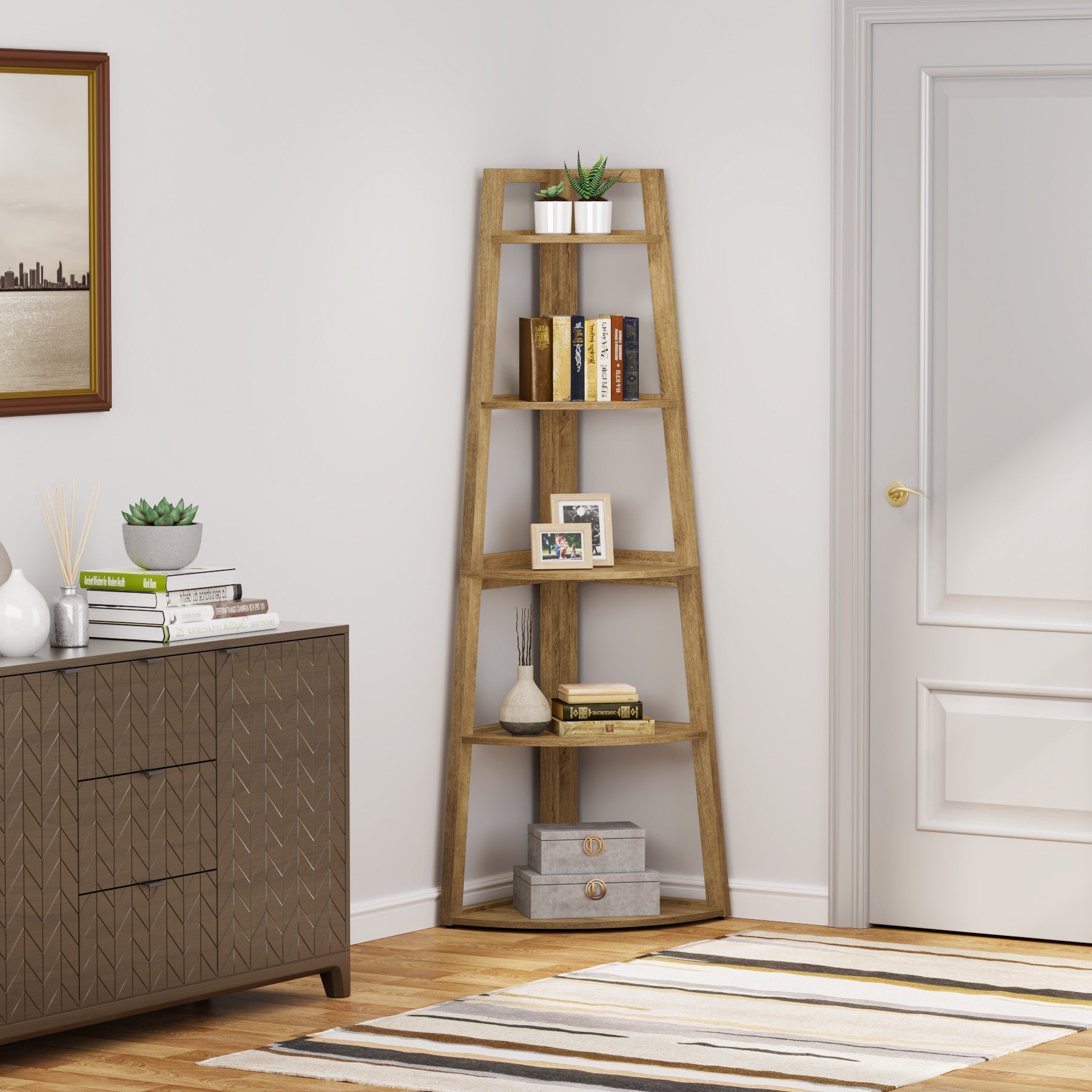 Tribesigns 70-Inch Tall Corner Shelf 5-Tier Bookcase, Industrial Corner Ladder Shelf for Small Spaces