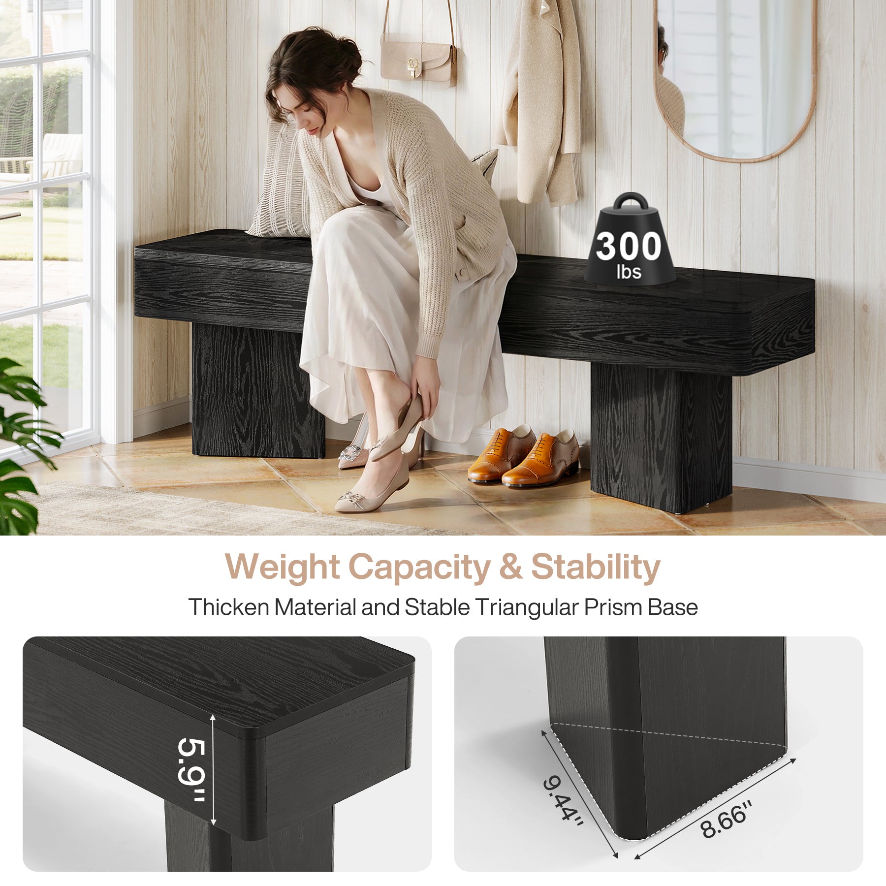 47.24-Inch Modern Indoor Bench with Black Finish and Rounded Edges，Modern Wooden Bench for Entryway
