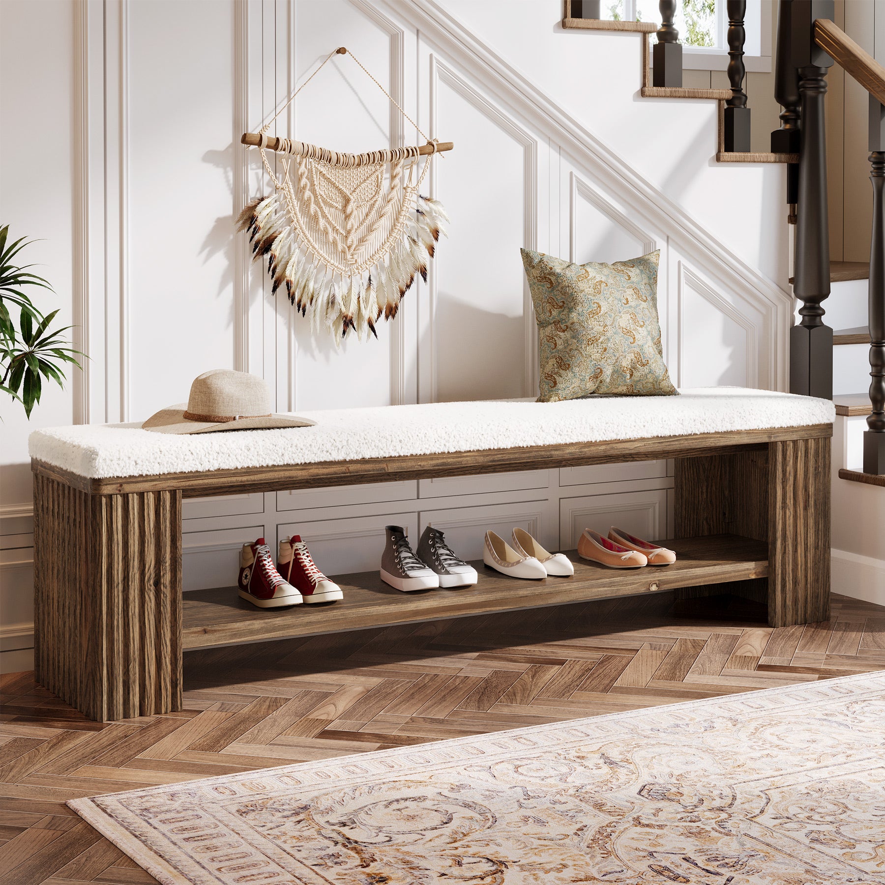 Tribesigns 63 Inch Solid Wood Bench with Removable Faux Lambswool Cushion, Farmhouse End of Bed Seat