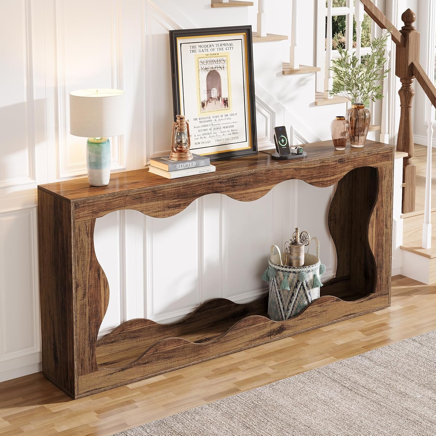 63" Rustic Farmhouse Console Table - Scalloped Sofa Table with Storage for Hallway & Living Room