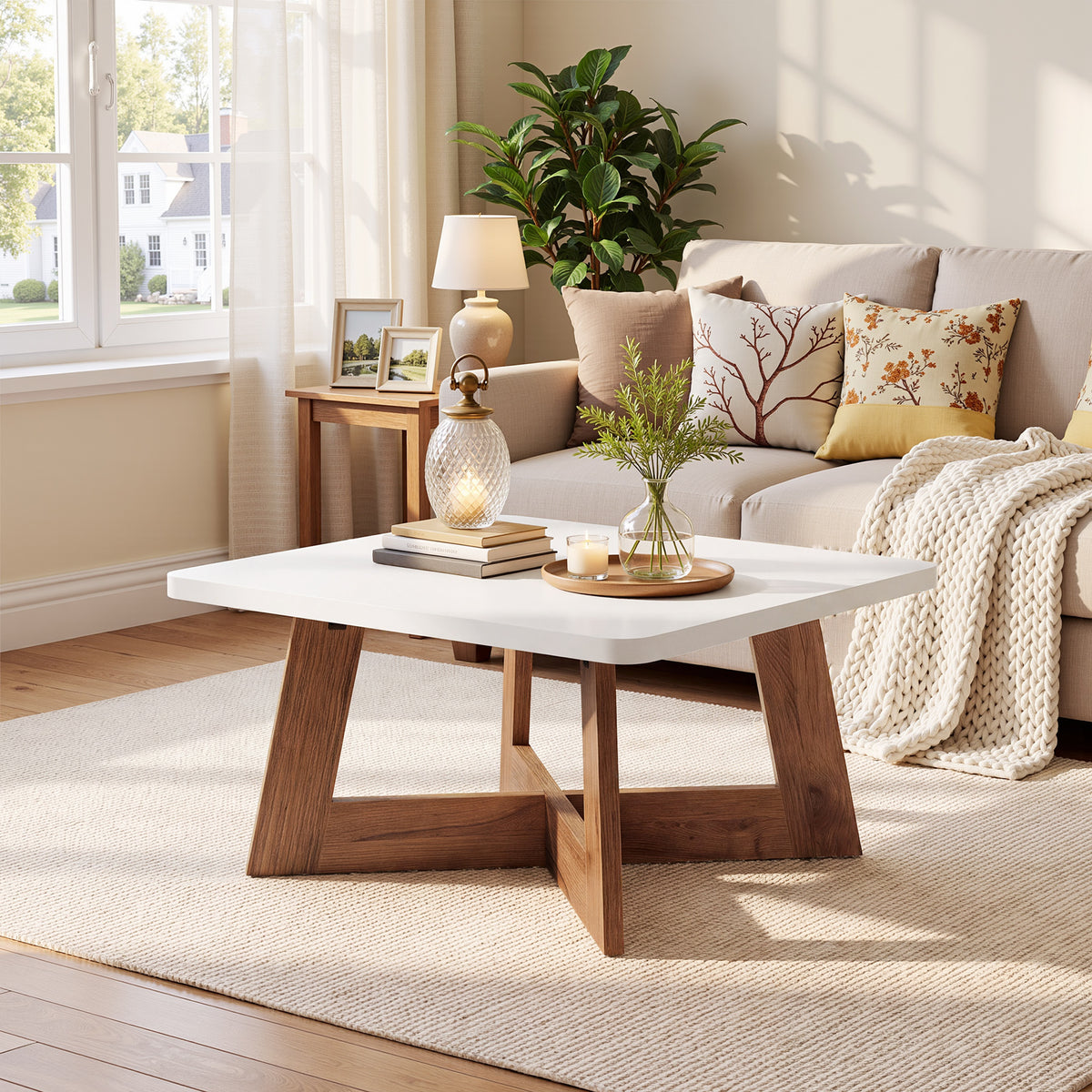 Tribesigns 31.5 Inch Square Coffee Table with Cross Base, Modern White Center Table for Living Room