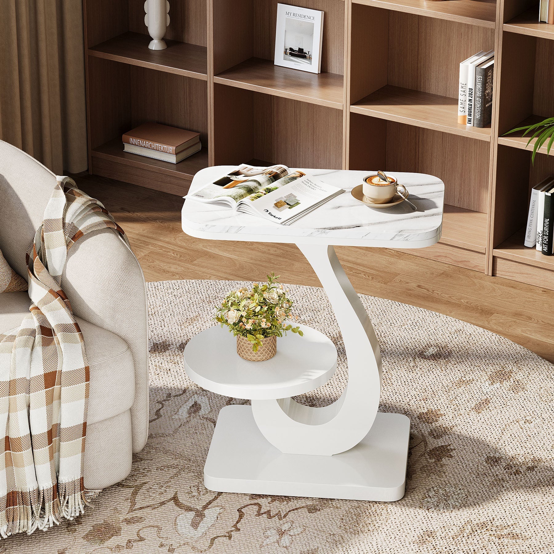 23.62“ C-Shaped End Table with 2-Tier Storage, Faux Marble Top White