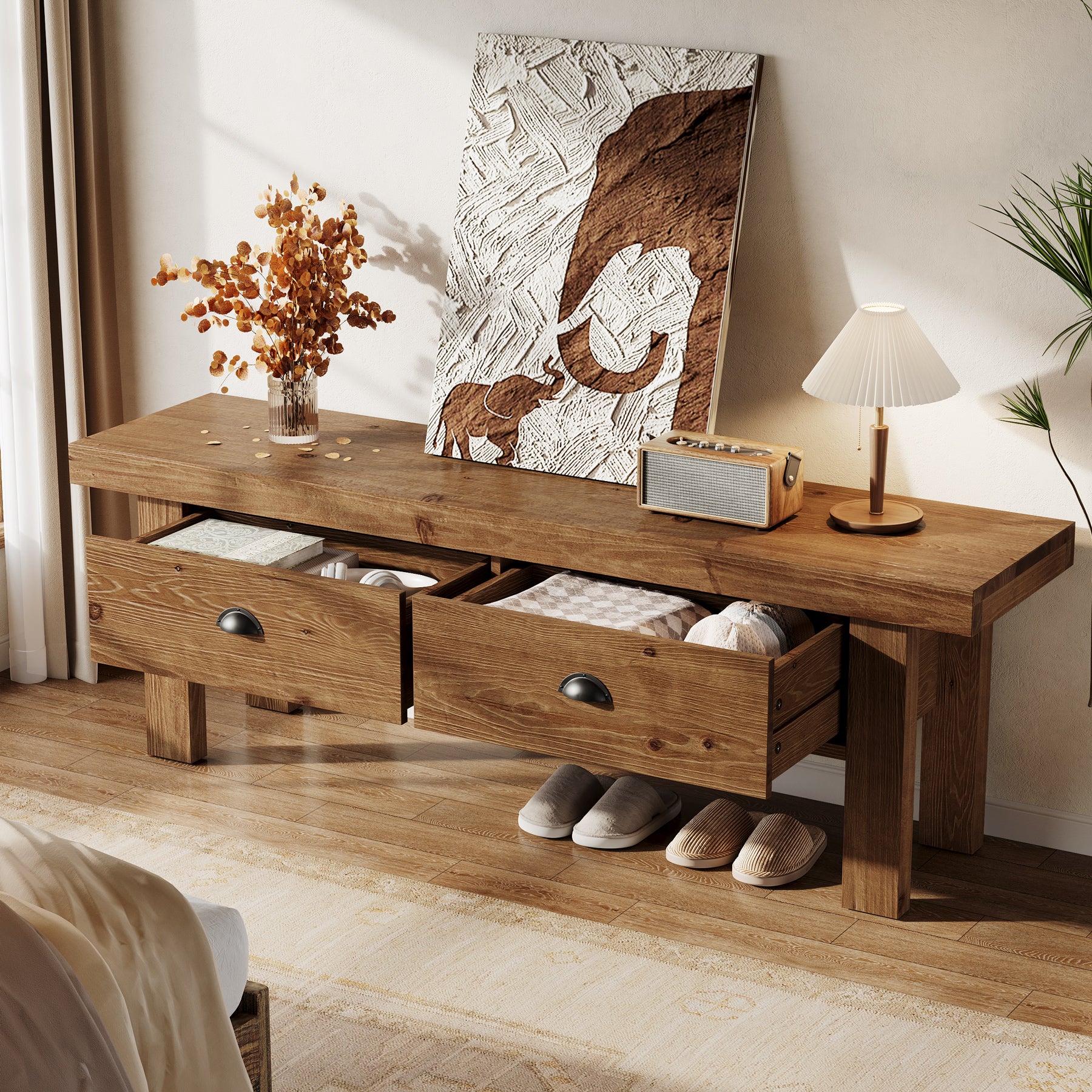 Tribesigns 55 Inch Solid Wood Storage Bench with 2 Drawers, Farmhouse Entryway Seat for Hallway