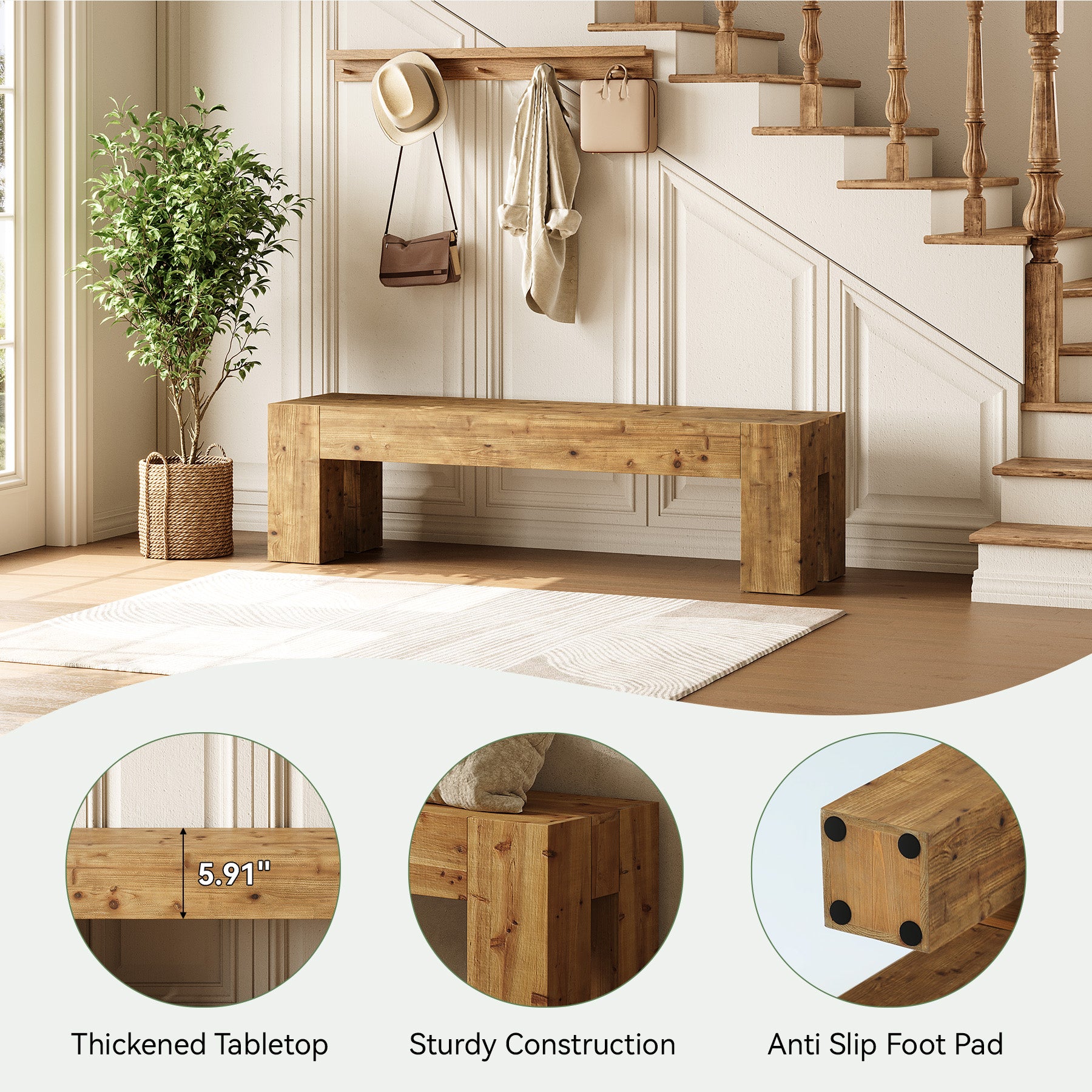 Tribesigns 63-Inch Solid Wood Entryway Bench with Sturdy Frame, Rustic Farmhouse Long Bench for Hallway Living Room and Bedroom