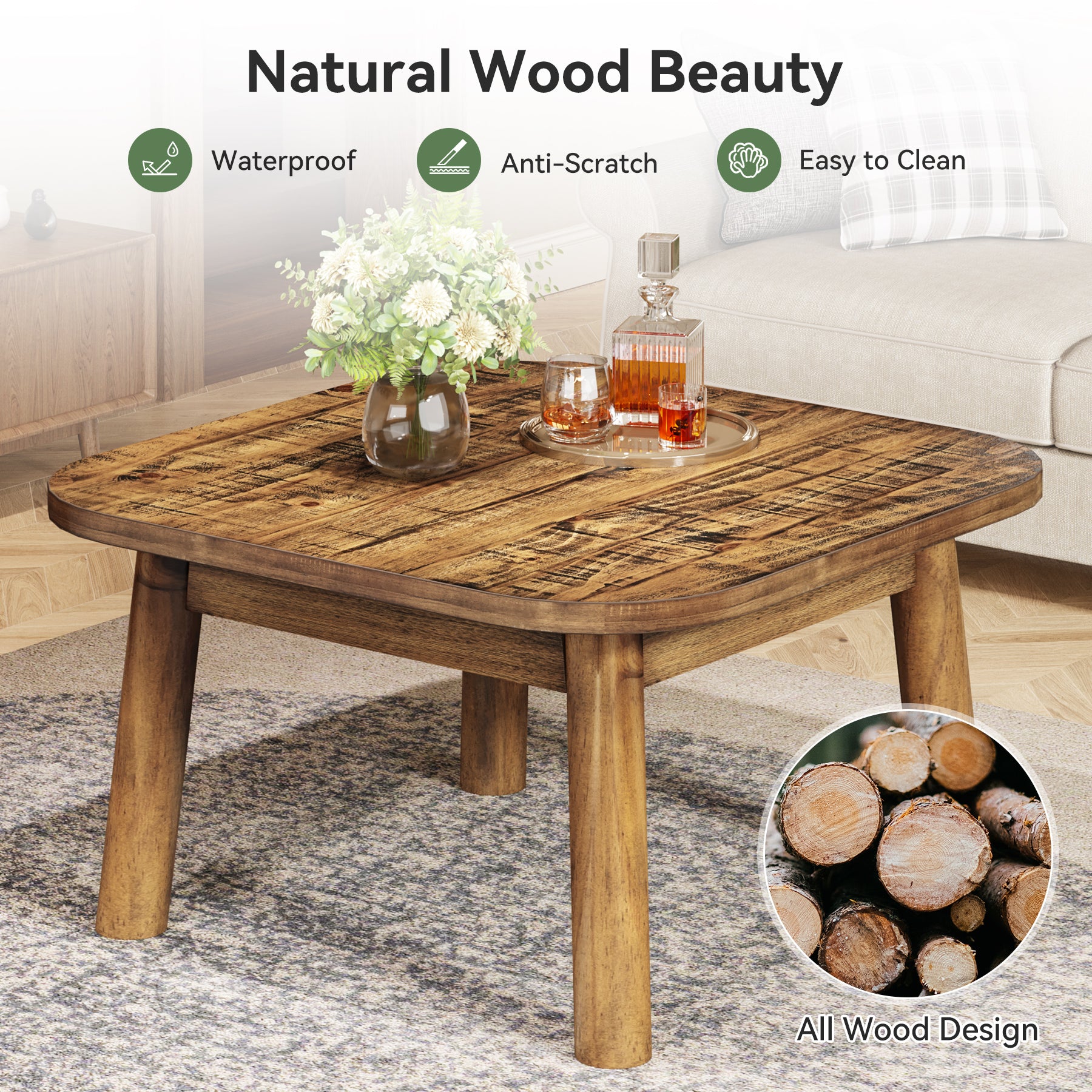 31.5" Solid Wood Square Coffee Table, Corner Farmhouse Center Table for Living Room