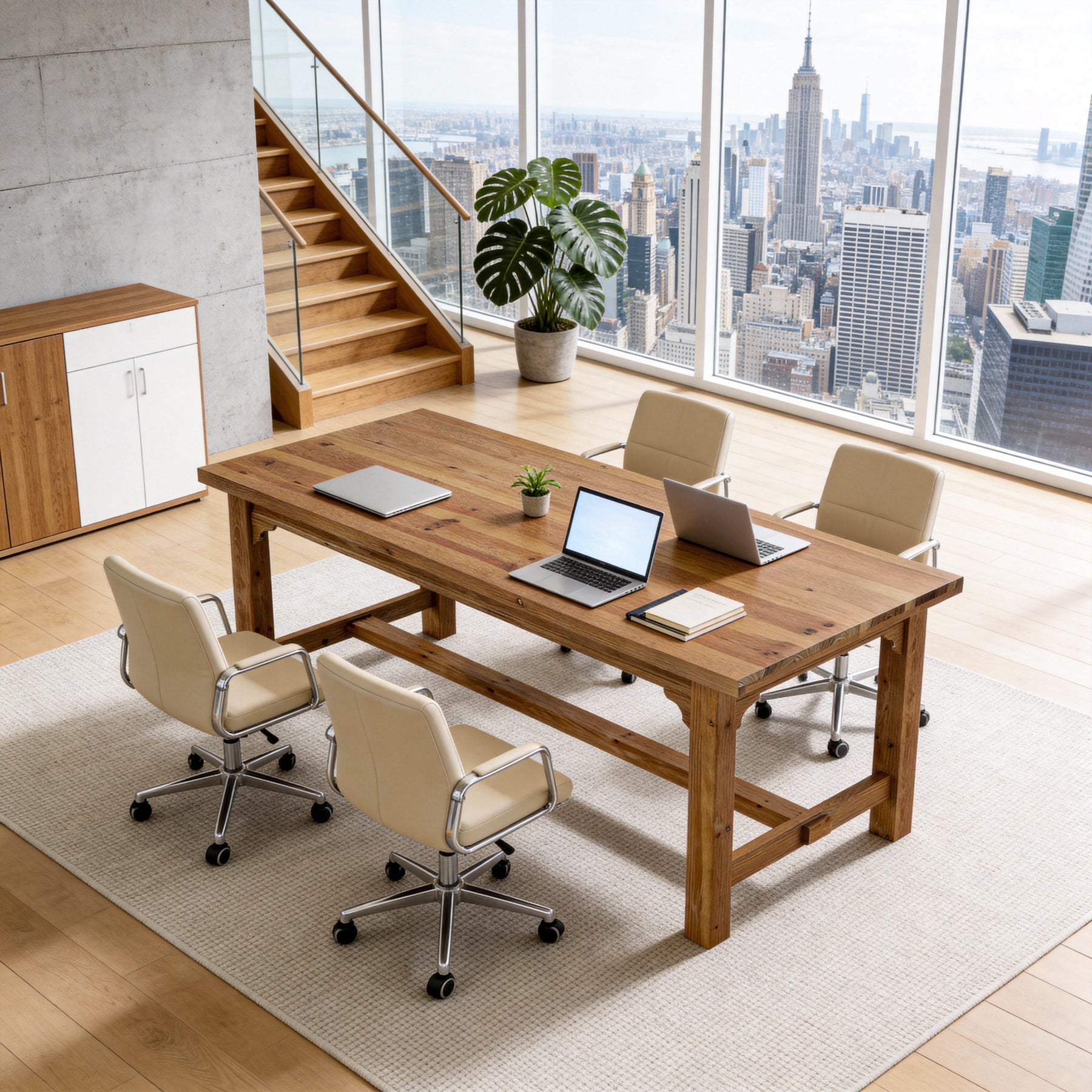 63-Inch Solid Wood Executive Desk with Foot Bar, Farmhouse Computer Desk for Home Office