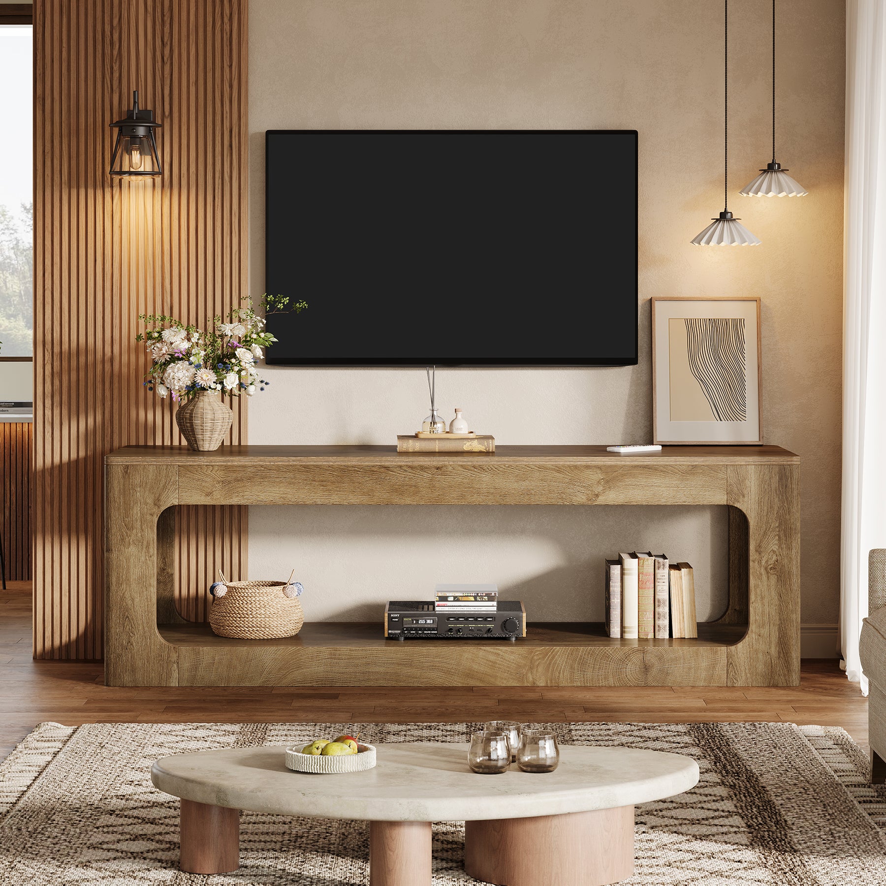 Tribesigns 63-Inch Farmhouse TV Stand with Circle Cutouts, 2-Tier Media Console for Living Room