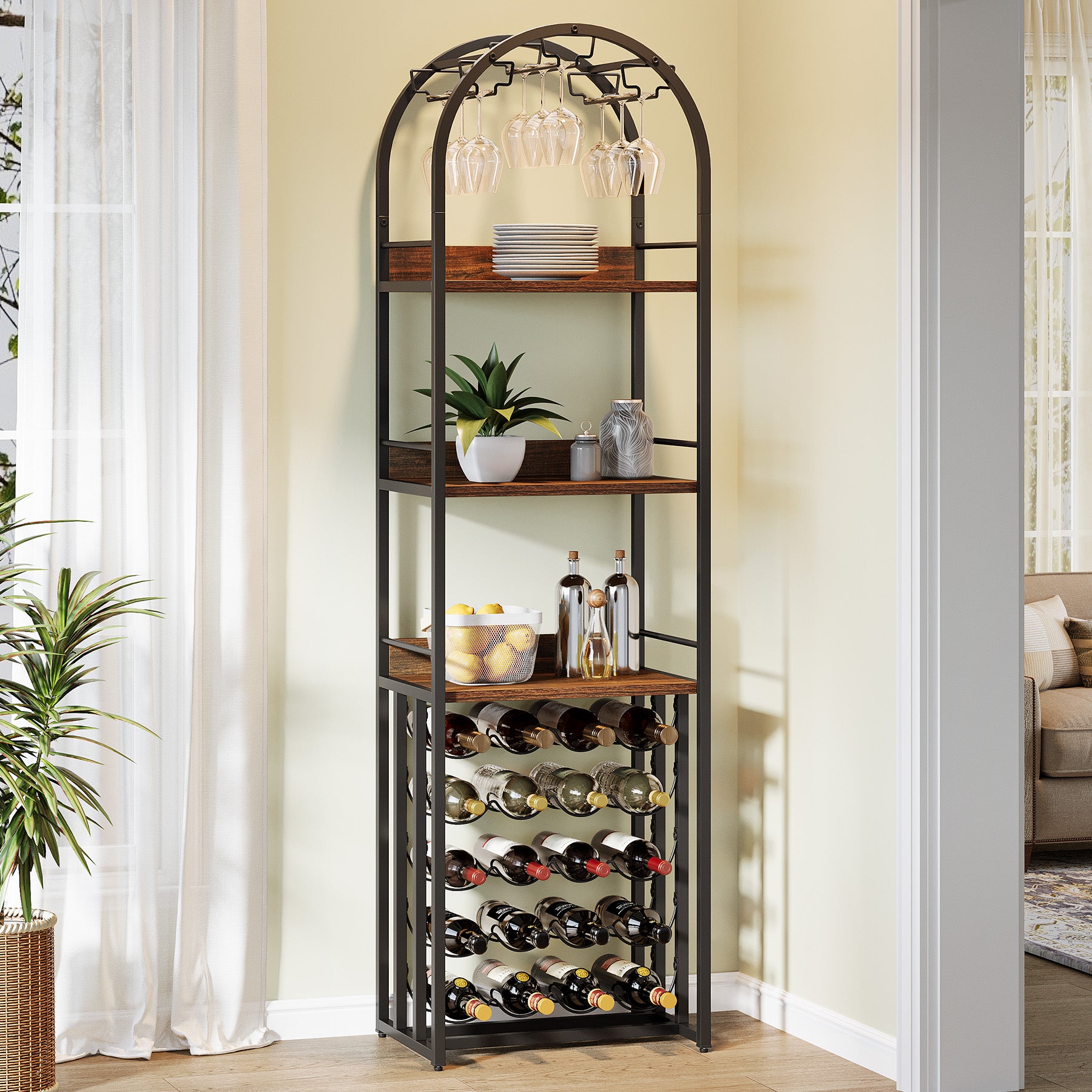 70.9" Tall Wine Rack with Glass Holder, Industrial Metal Wine Storage Stand with Tabletop