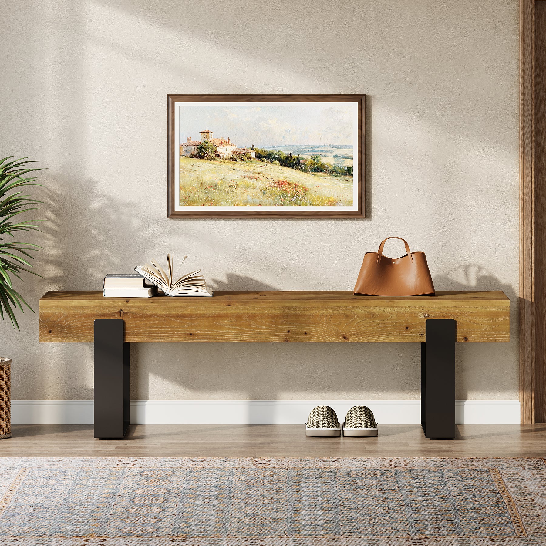 Tribesigns 63-Inch Solid Wood Entryway Bench, Farmhouse Shoe Bench with Metal Legs for Hallway