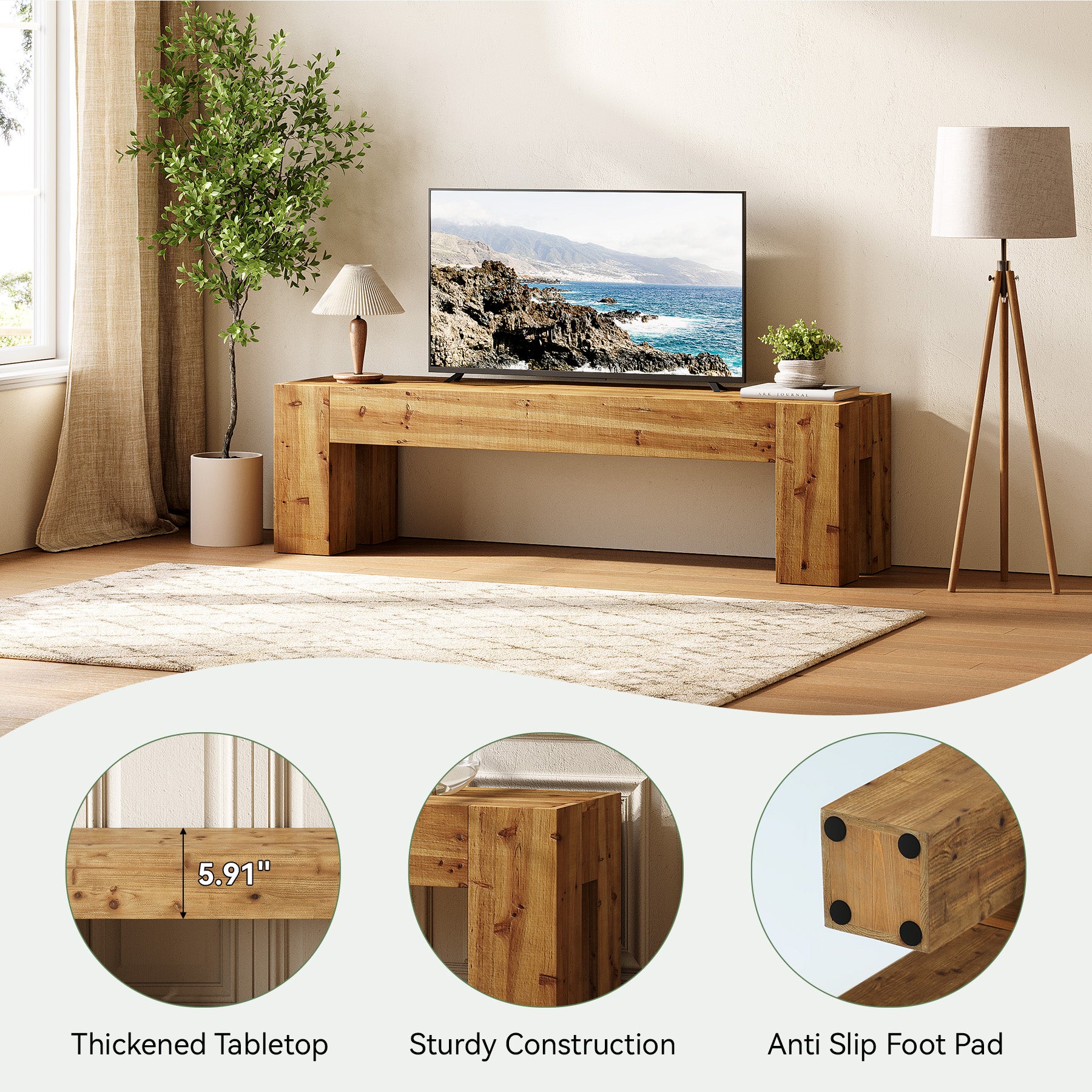 Tribesigns 63-Inch Solid Wood TV Stand for TVs up to 70 Inches, Rustic Farmhouse Media Console for Living Room and Bedroom