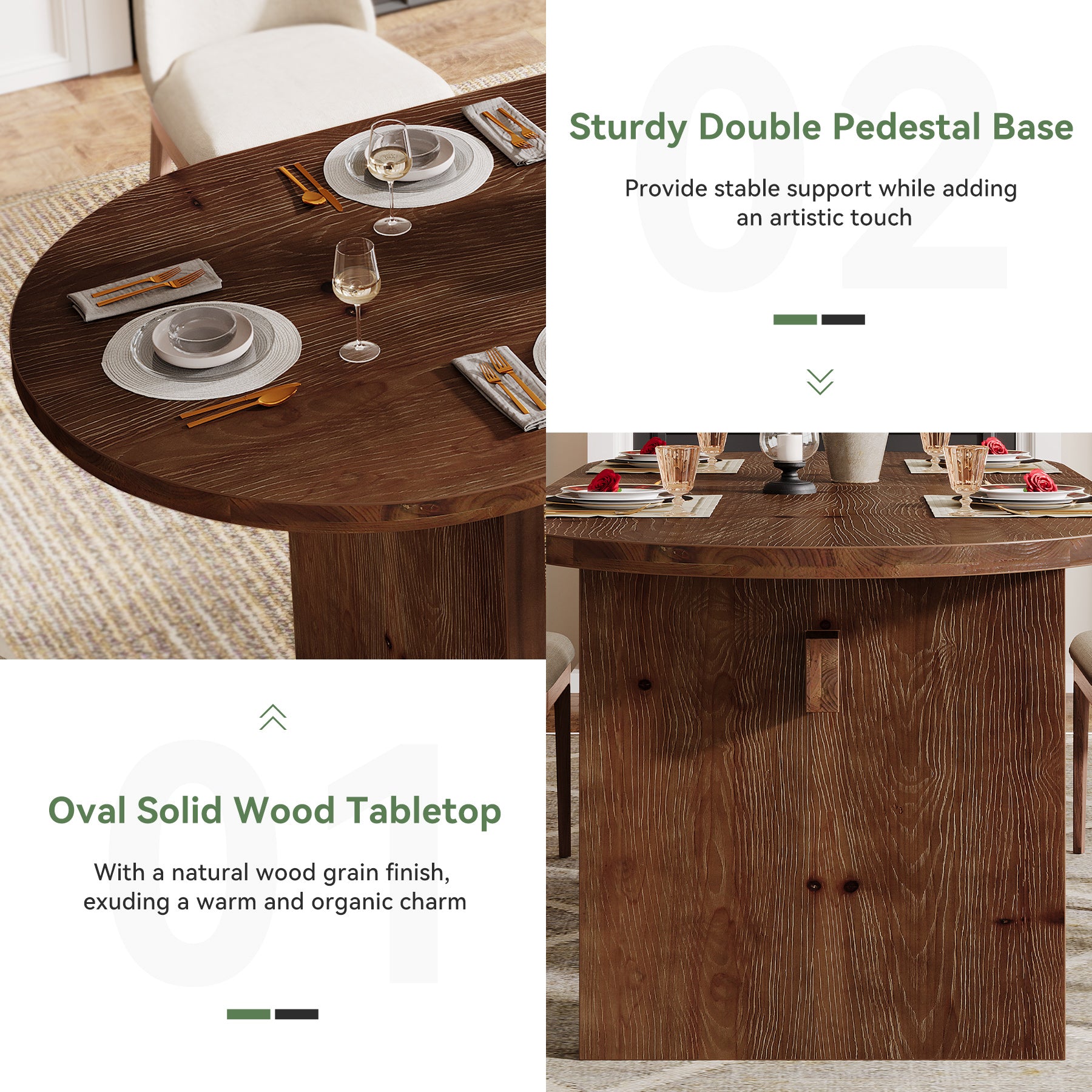63-Inch Solid Wood Oval Dining Table for 4 to 6 People with Double Pedestal Base, Farmhouse Kitchen Table for Dining Room and Home Kitchen