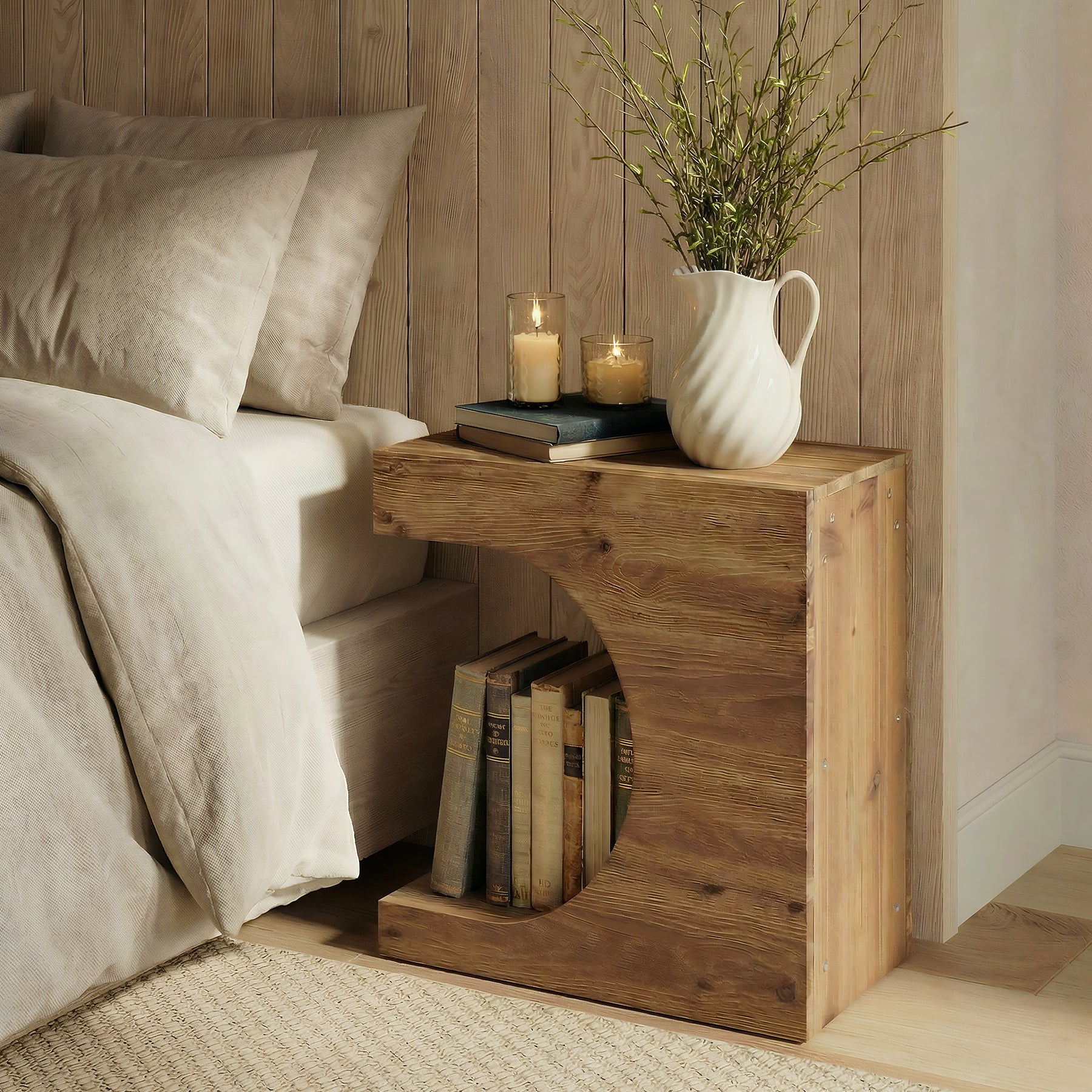 Tribesigns 11.8-Inch Wide Solid Wood C-Shaped Side Table with 2-Tier Storage Shelf