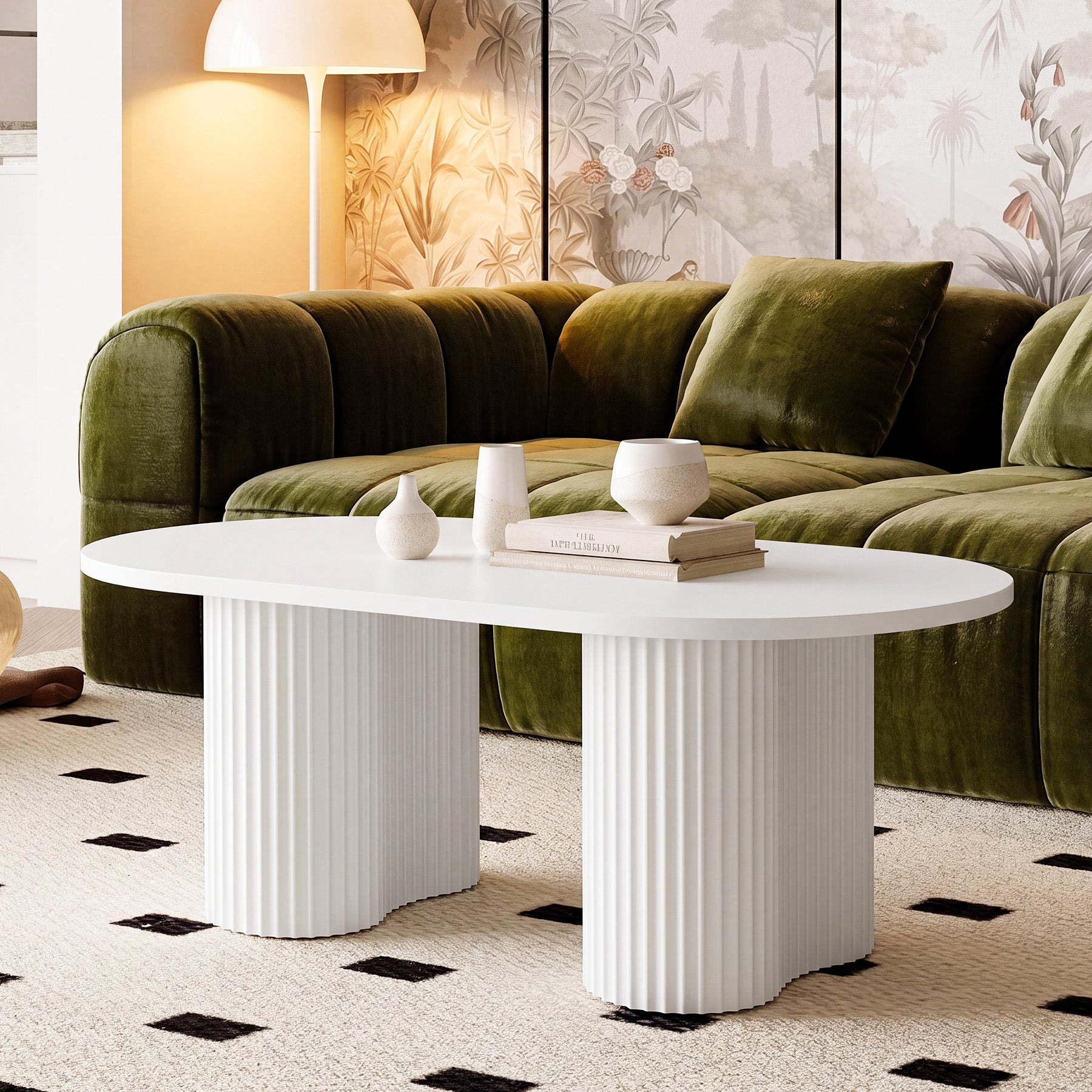 Tribesigns 47-Inch Oval Coffee Table with Fluted Design, Modern White Center Table for Living Room and Office
