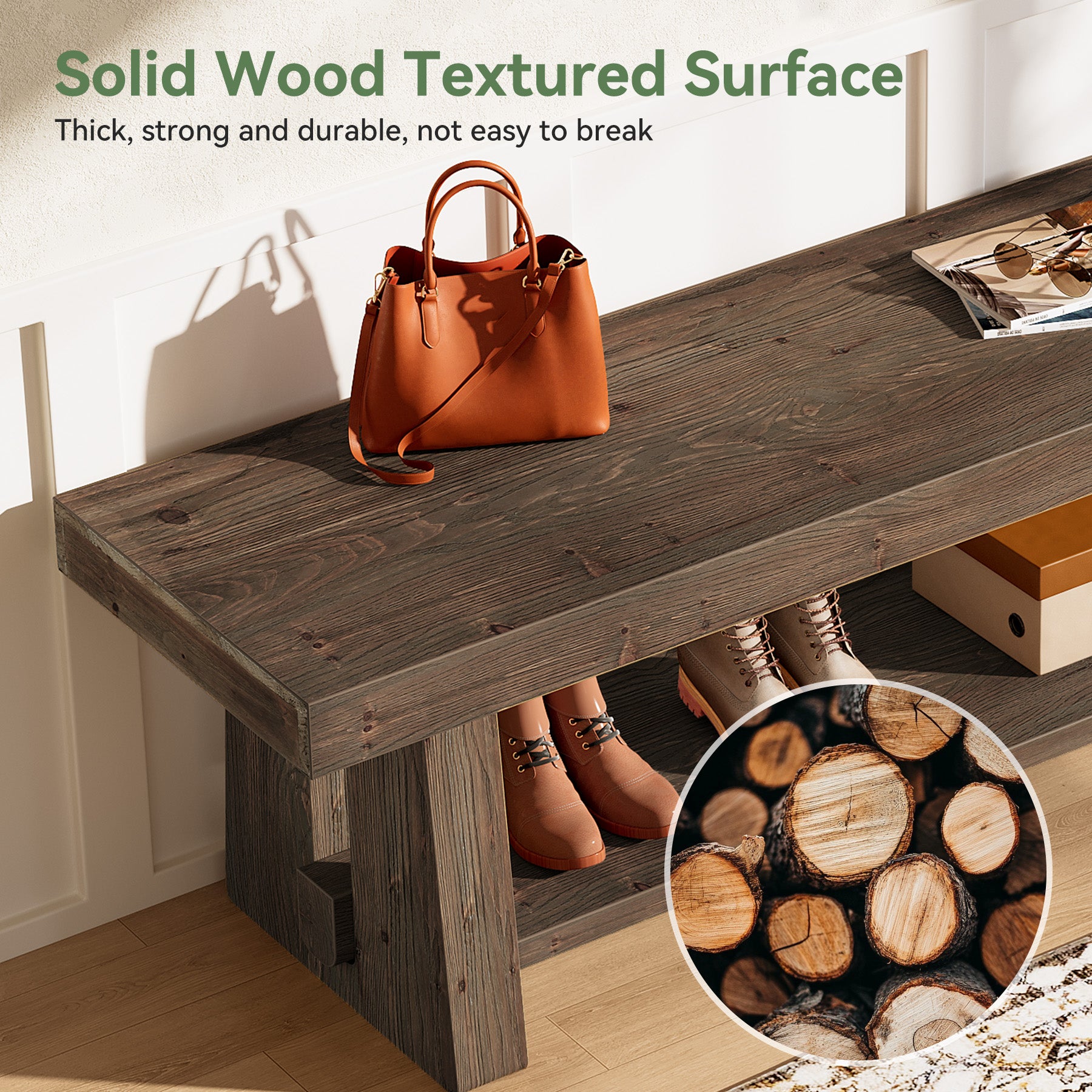 Tribesigns 63-Inch Solid Wood Farmhouse Bench with 2-Tier Open Shoe Storage