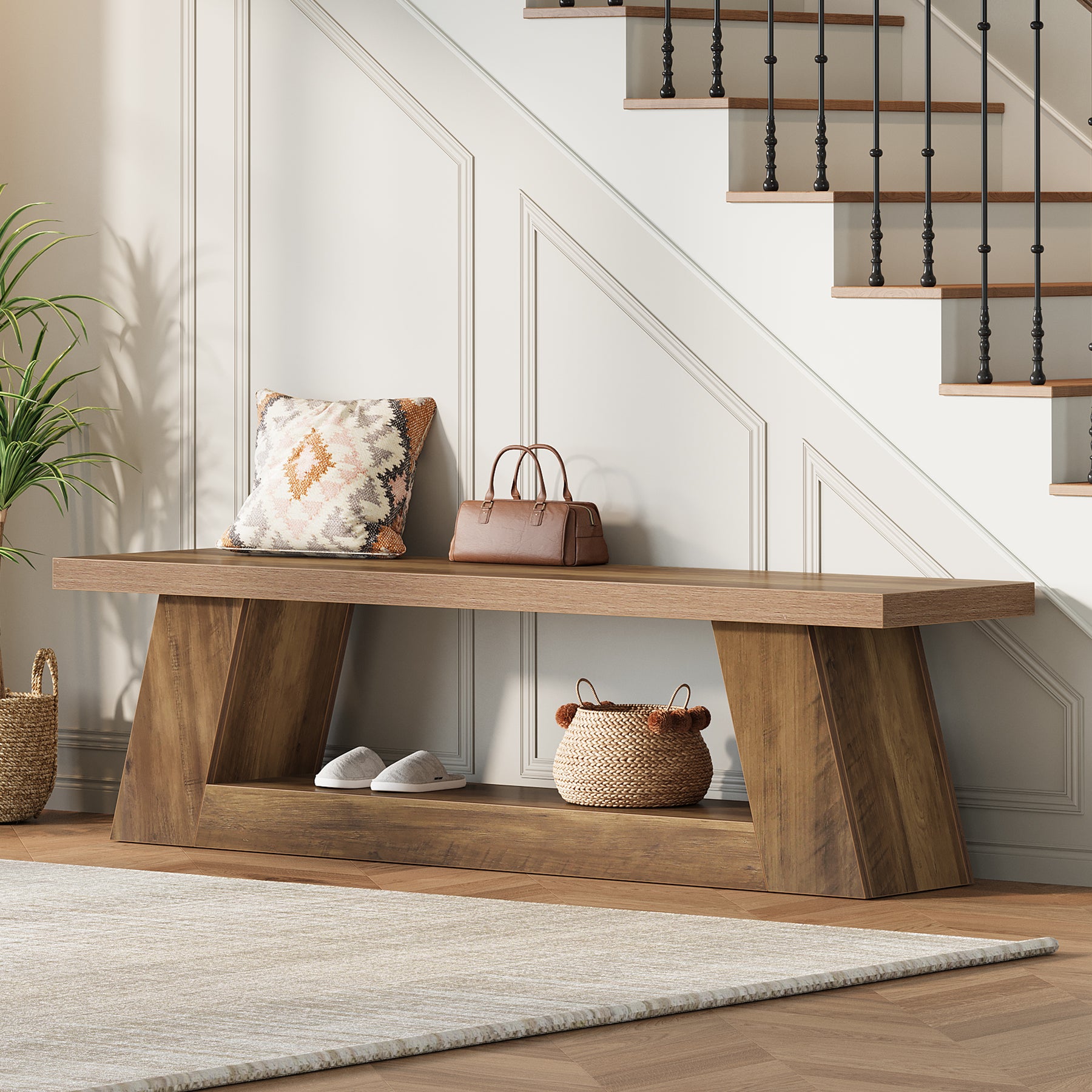 63" Wooden Entryway Bench with 2-Tier Storage, Rustic Long Bench for Hallway Living Room Bedroom