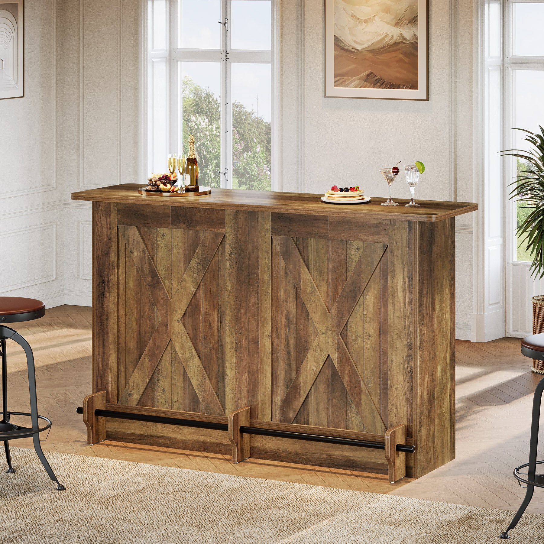 63-Inch Bar Table with 2-Tier Storage Shelves and Metal Footrest for Bistro and Basement Bar