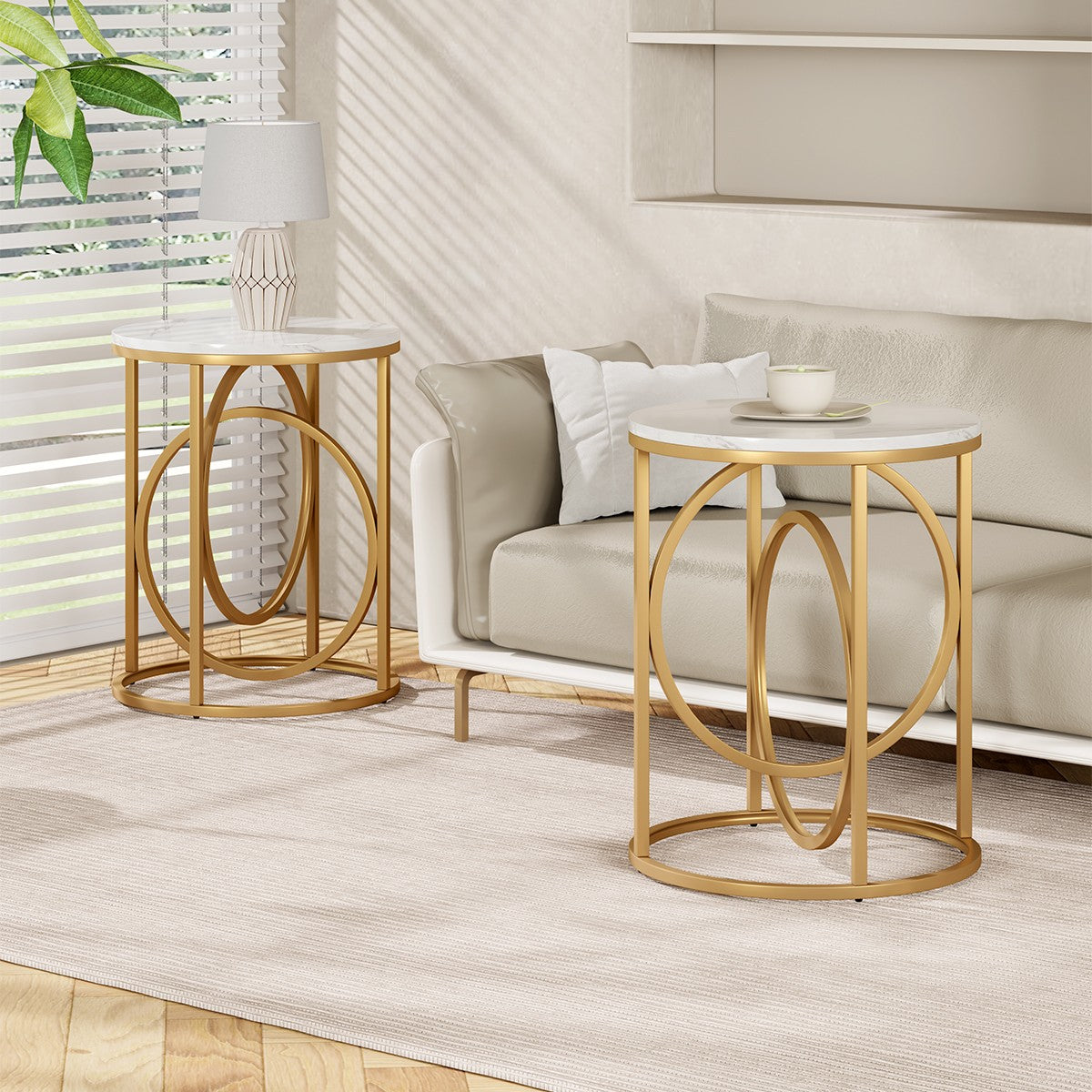 Round End Table, Modern Sofa Side Table with Faux Marble Top