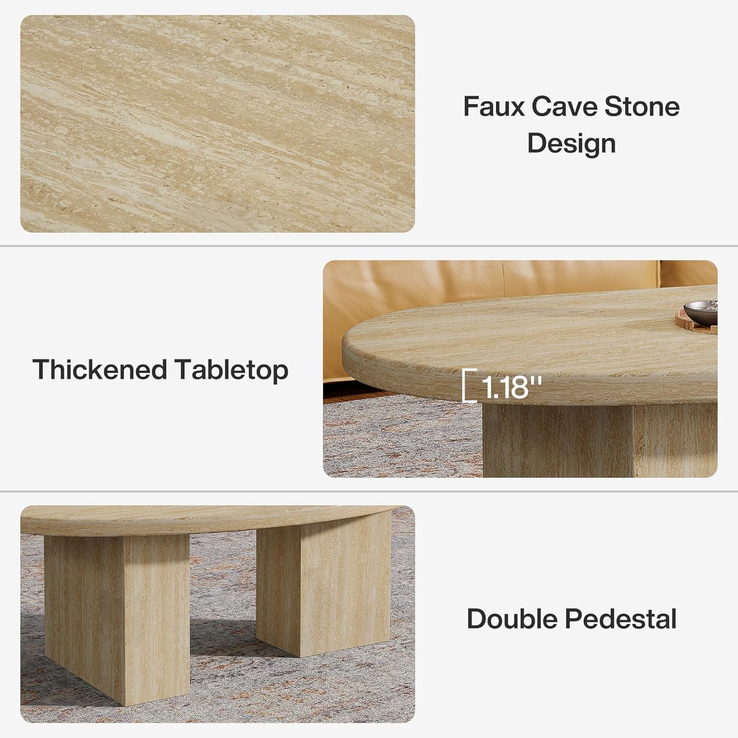 45.28" Oval Oak Coffee Table - Large Asymmetric Pedestal Cocktail Table in Engineered Wood for Living Room