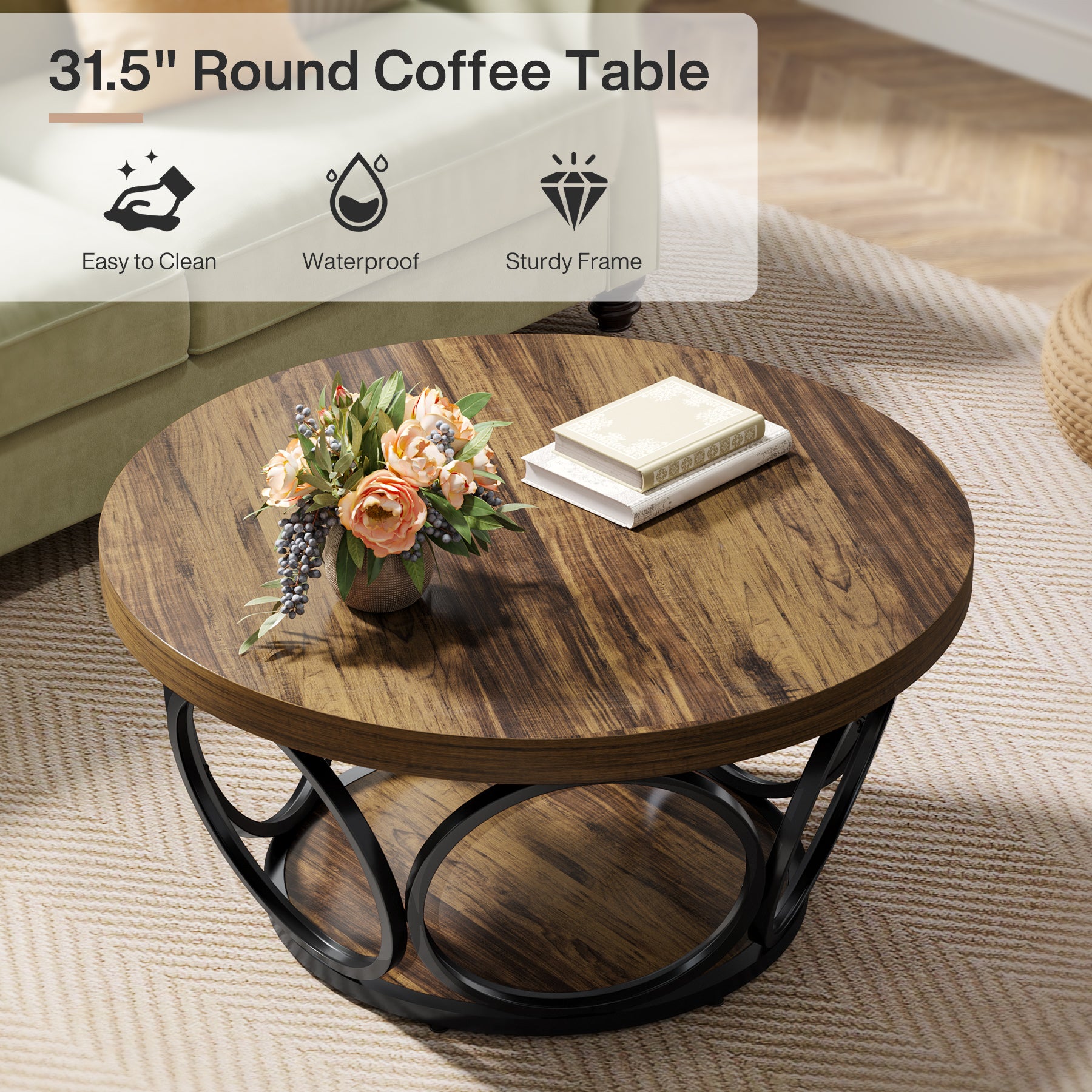 Tribesigns Coffee Table, Round Center Table with 2 Storage Shelves