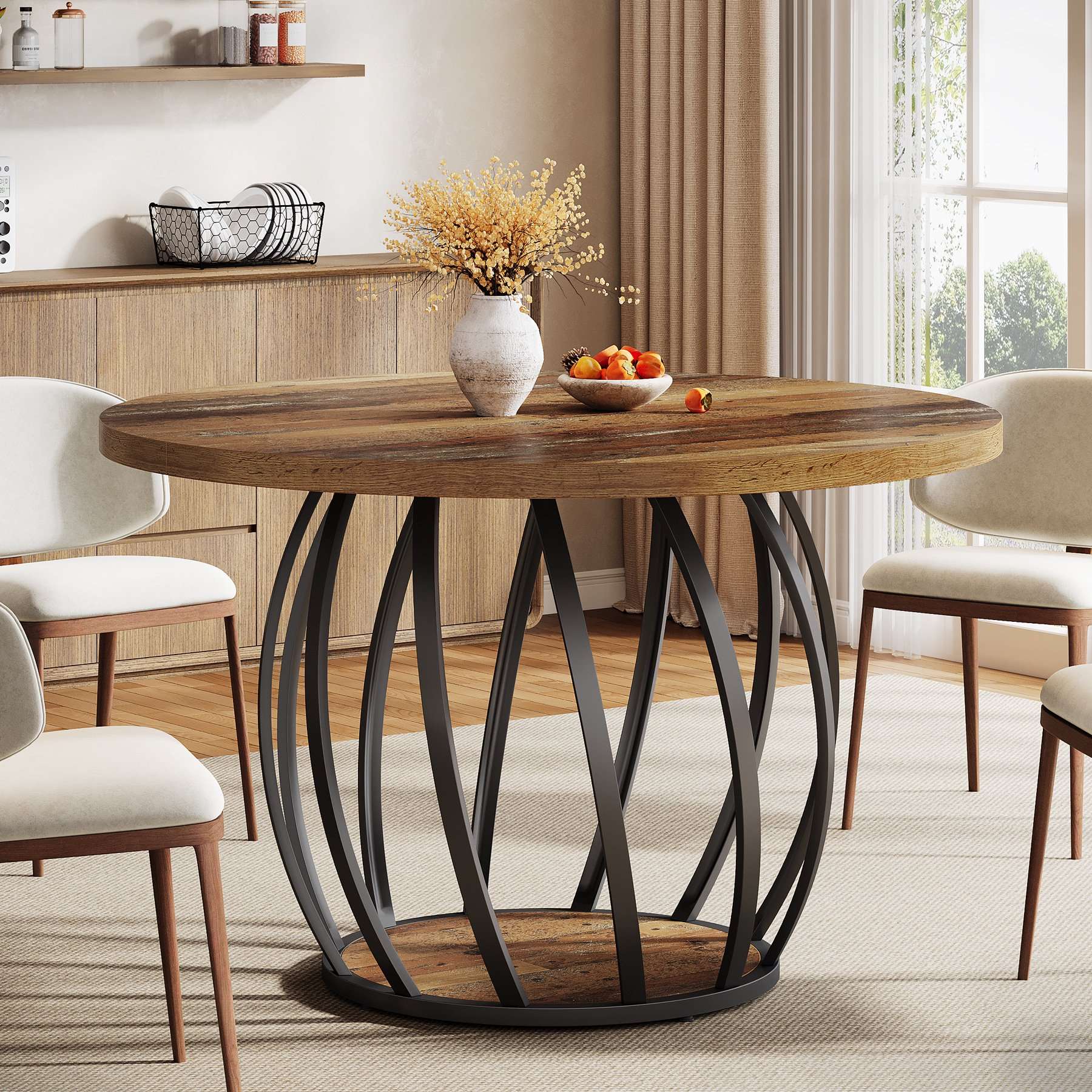 4-6 People Farmhouse Dining Table, Wood Kitchen Table with Sturdy Metal Base