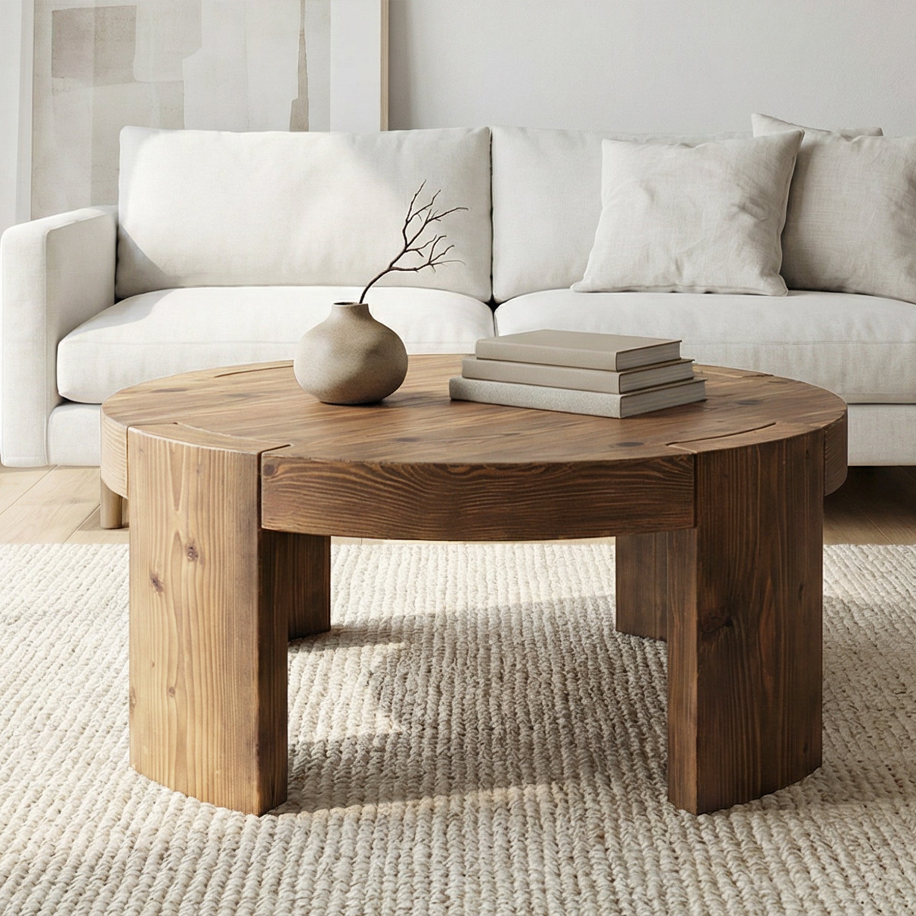 31.5 Inch Solid Wood Round Coffee Table with Integrated Tabletop, Farmhouse Center Table for Living Room