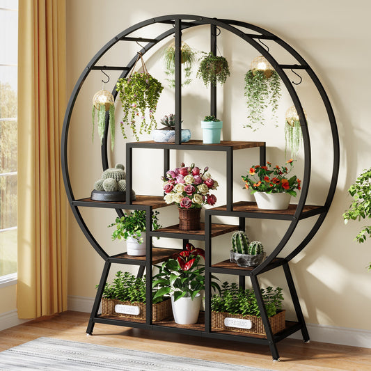 7-Tier Round Plant Stand, 65" Tall Plant Shelf with 6 S Hanging Hooks Tribesigns