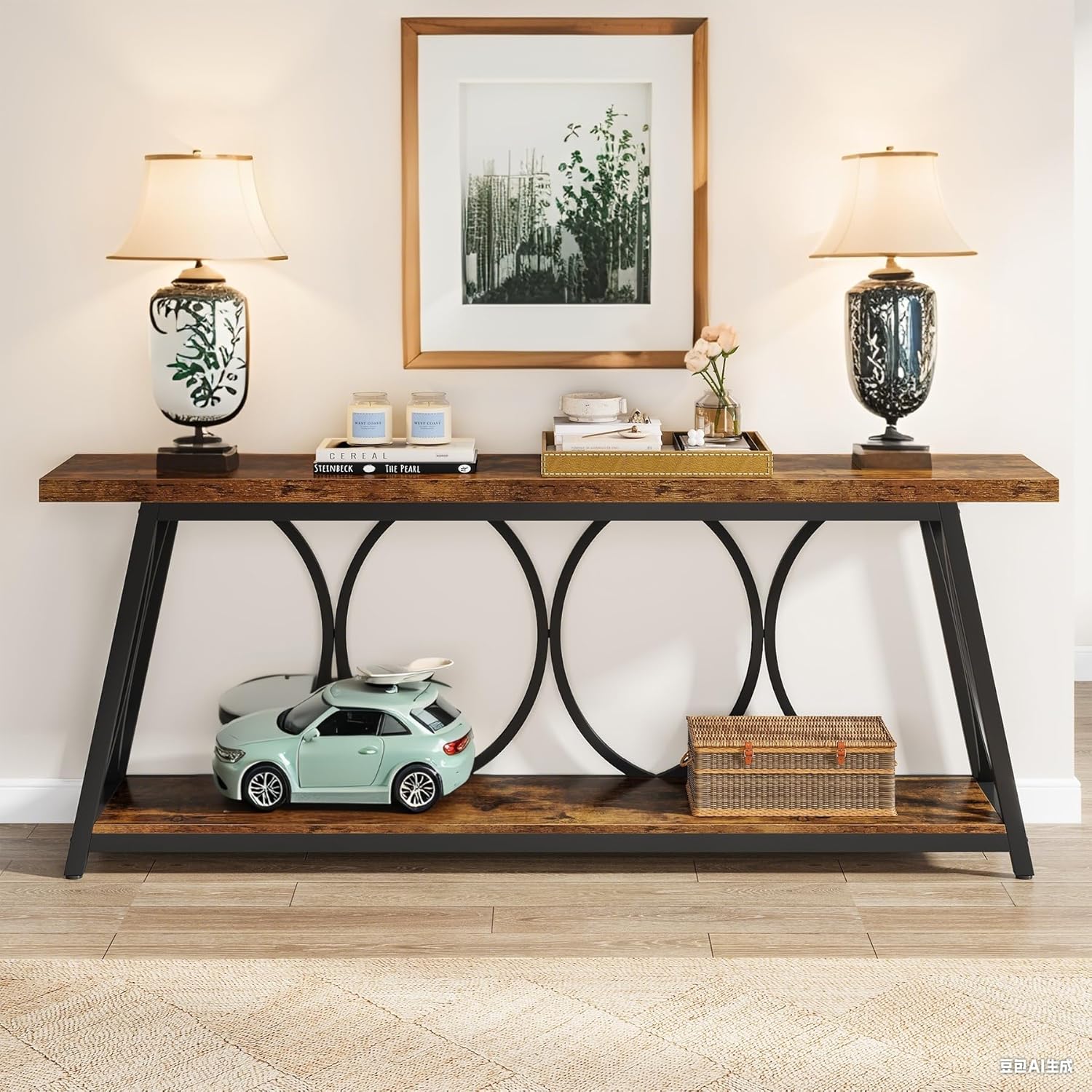 70.87" Long Console Table for Living Room - Rustic Shelf Design