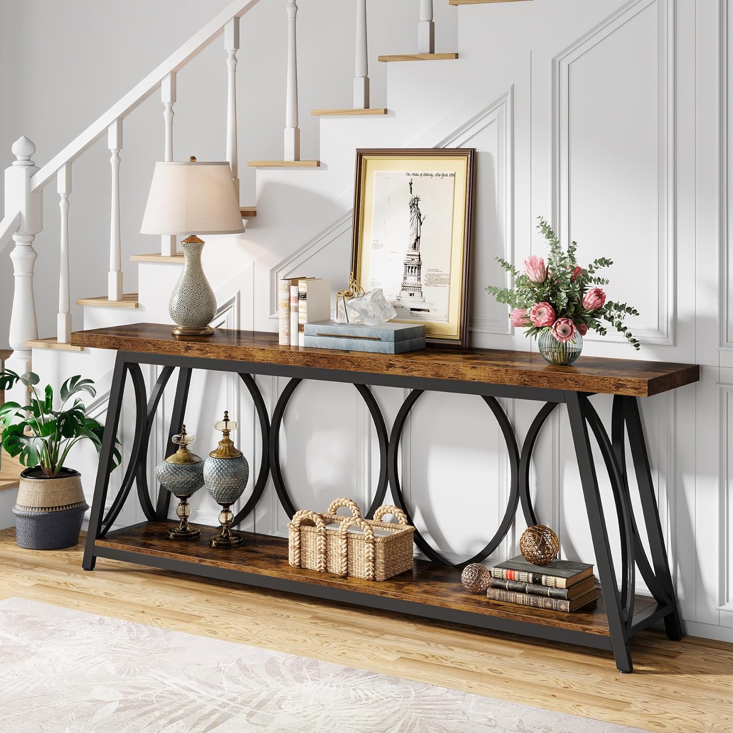 70.87" Long Console Table for Living Room - Rustic Shelf Design