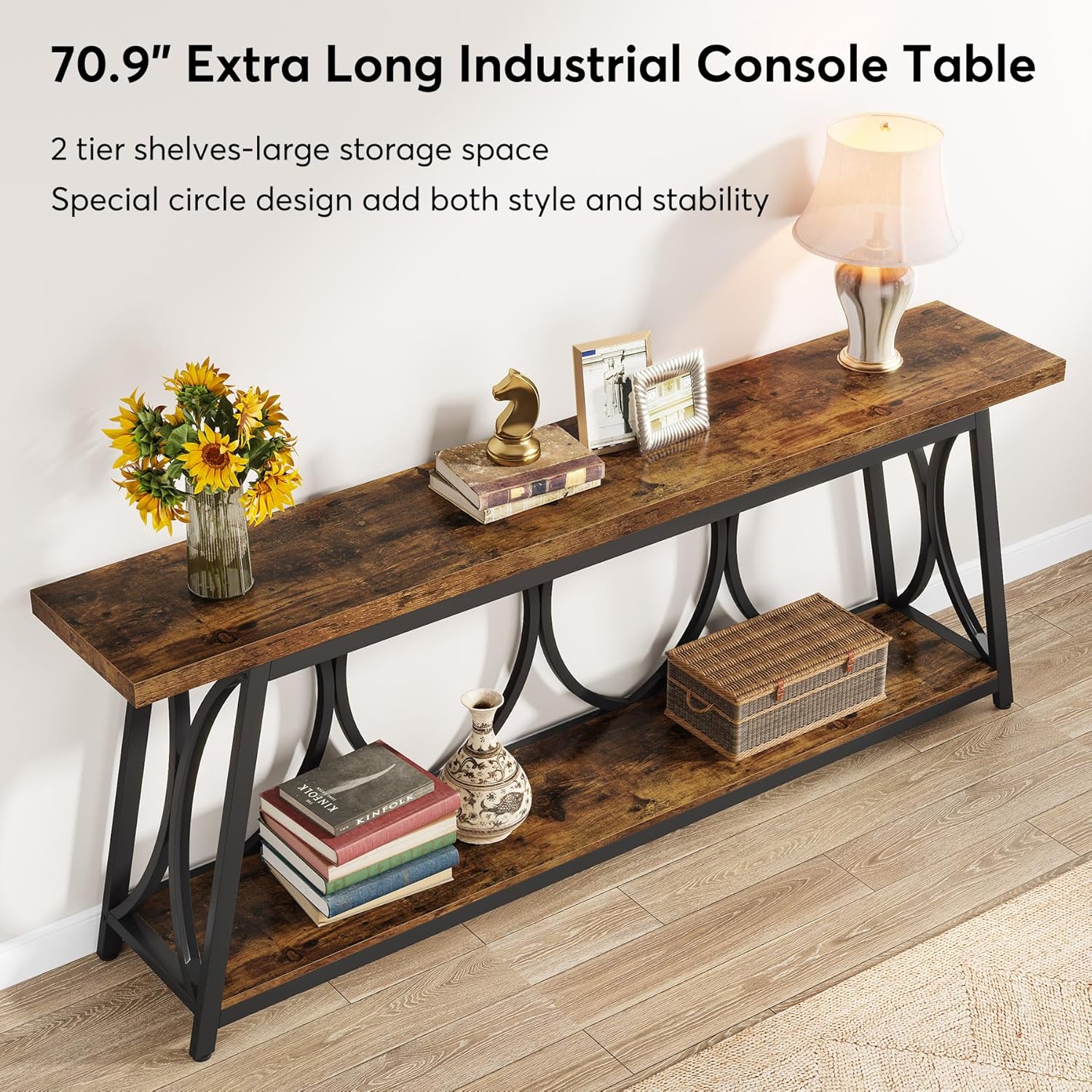 70.87" Long Console Table for Living Room - Rustic Shelf Design