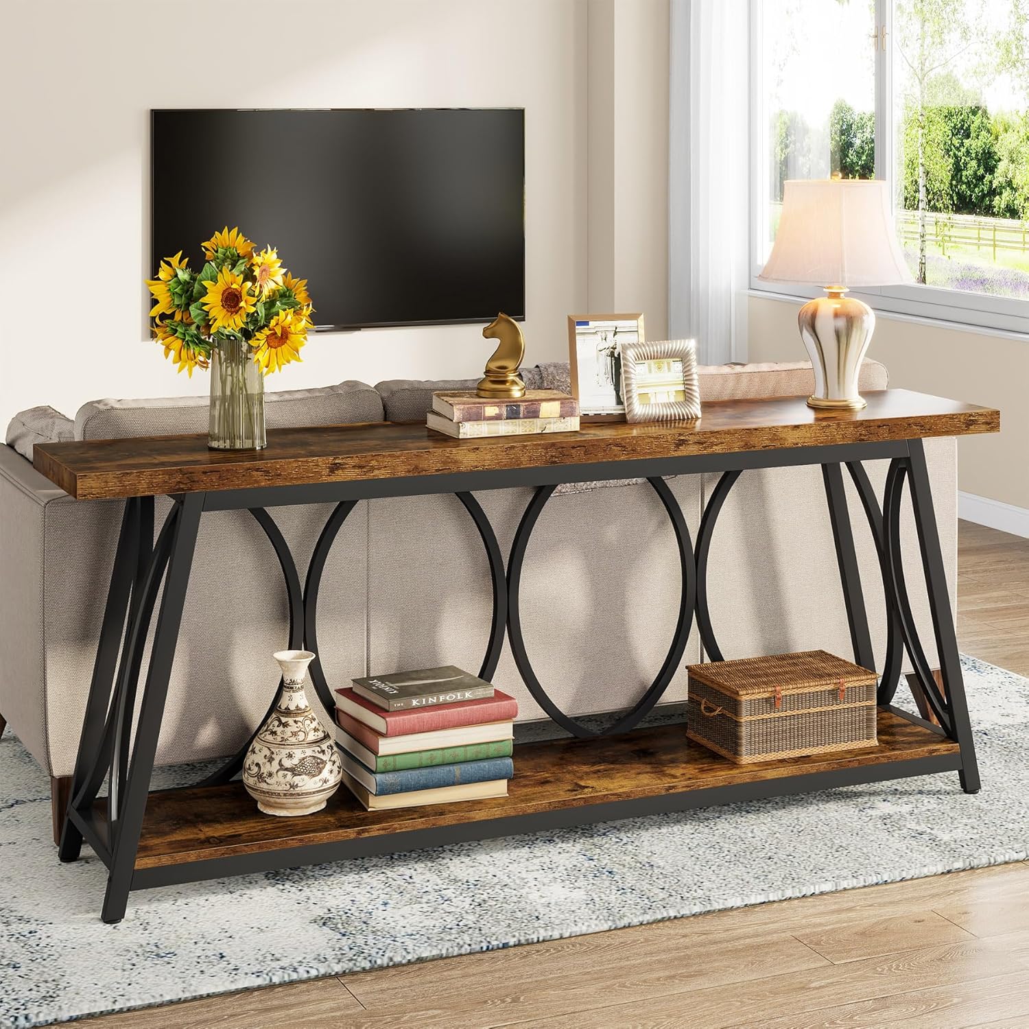 70.87" Long Console Table for Living Room - Rustic Shelf Design