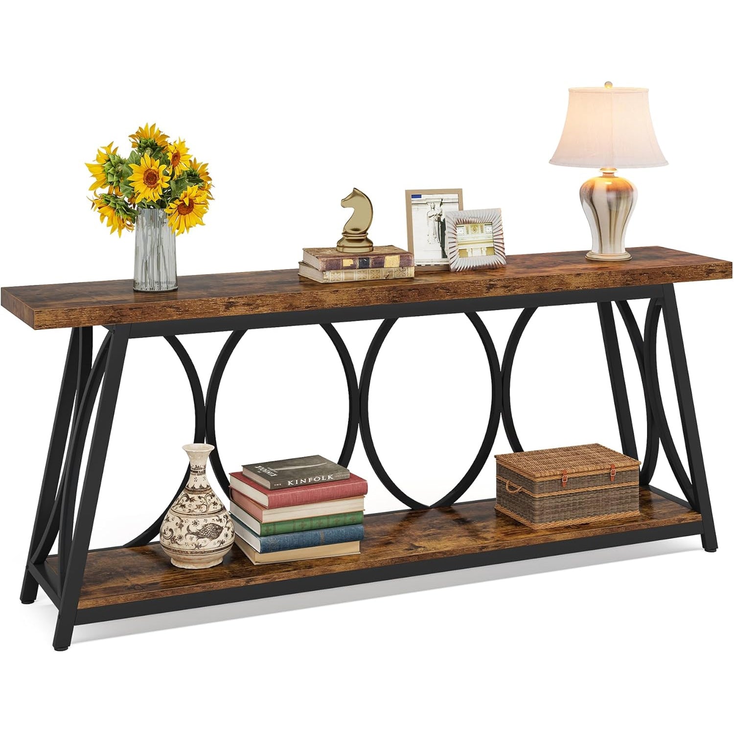 70.87" Long Console Table for Living Room - Rustic Shelf Design