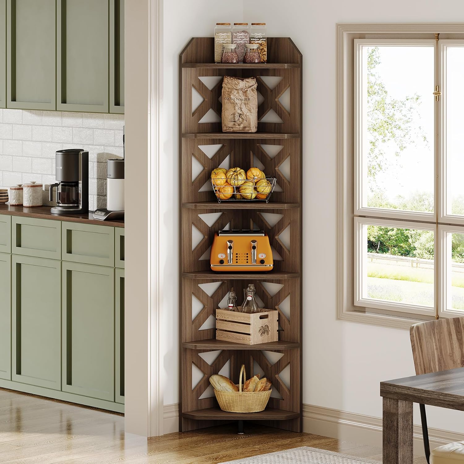 70.8" Corner Shelf - 6-Tier Rustic Farmhouse Bookcase