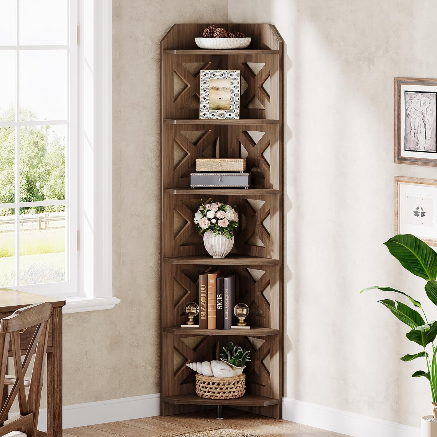 70.8" Corner Shelf - 6-Tier Rustic Farmhouse Bookcase