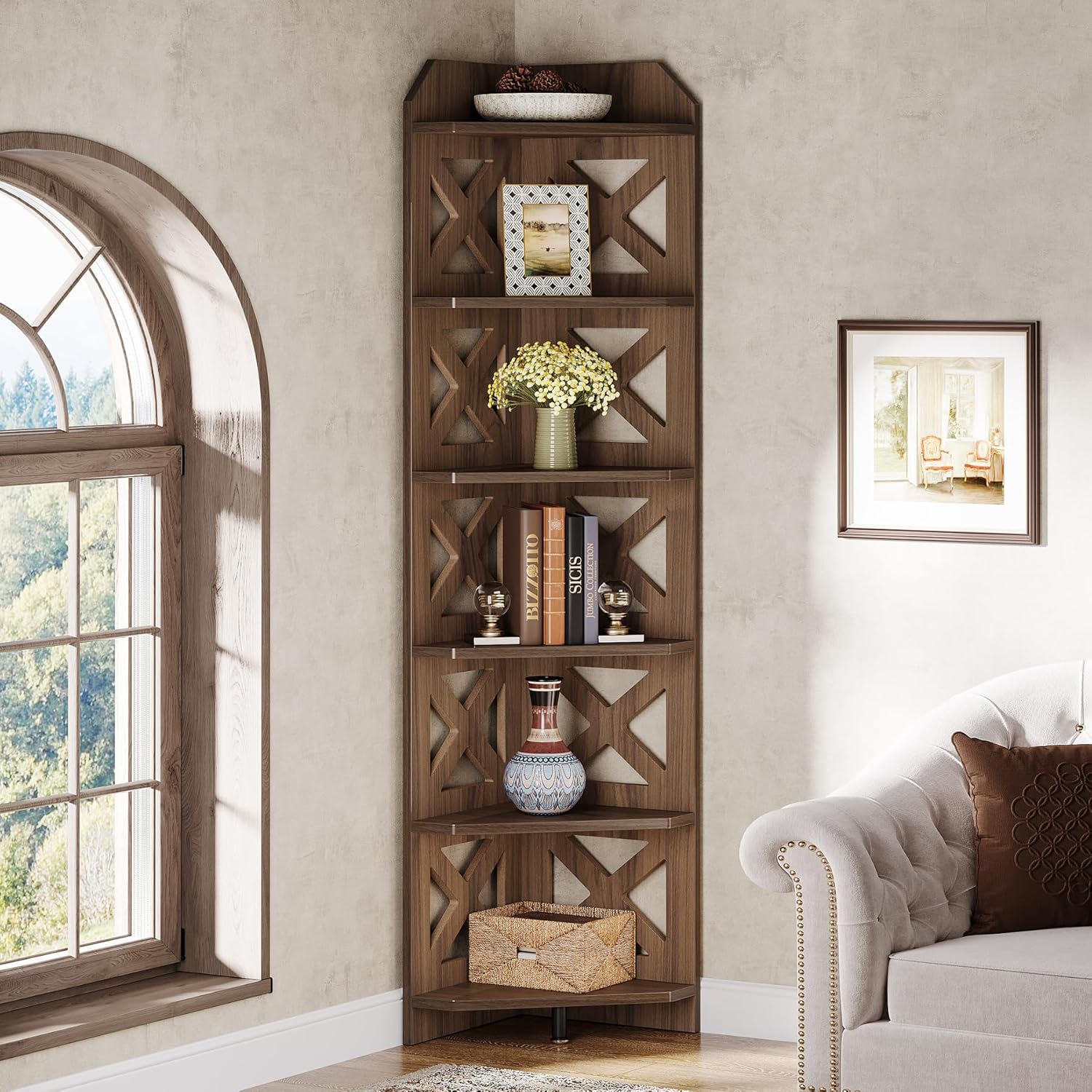 70.8" Corner Shelf - 6-Tier Rustic Farmhouse Bookcase