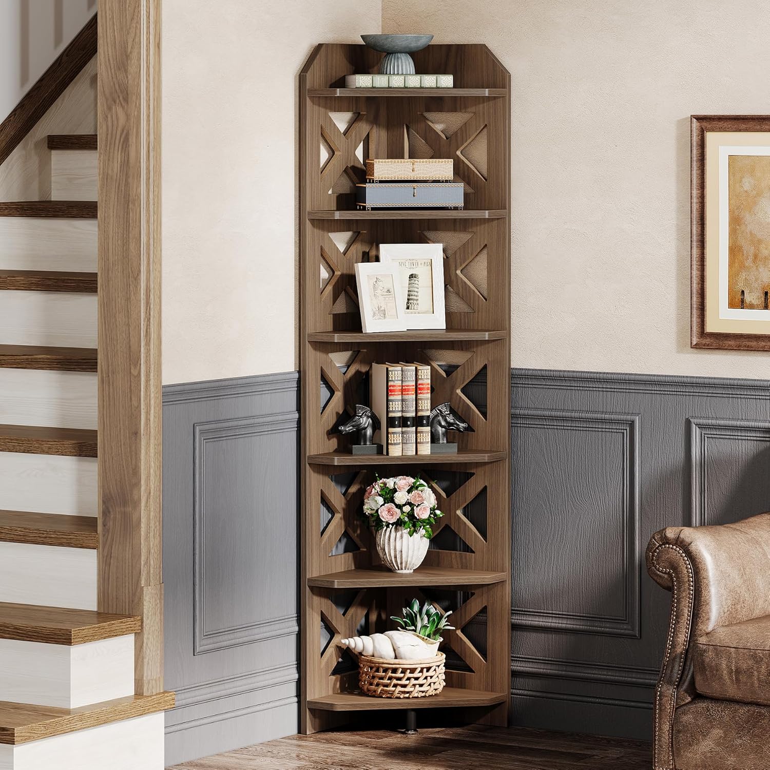70.8" Corner Shelf - 6-Tier Rustic Farmhouse Bookcase
