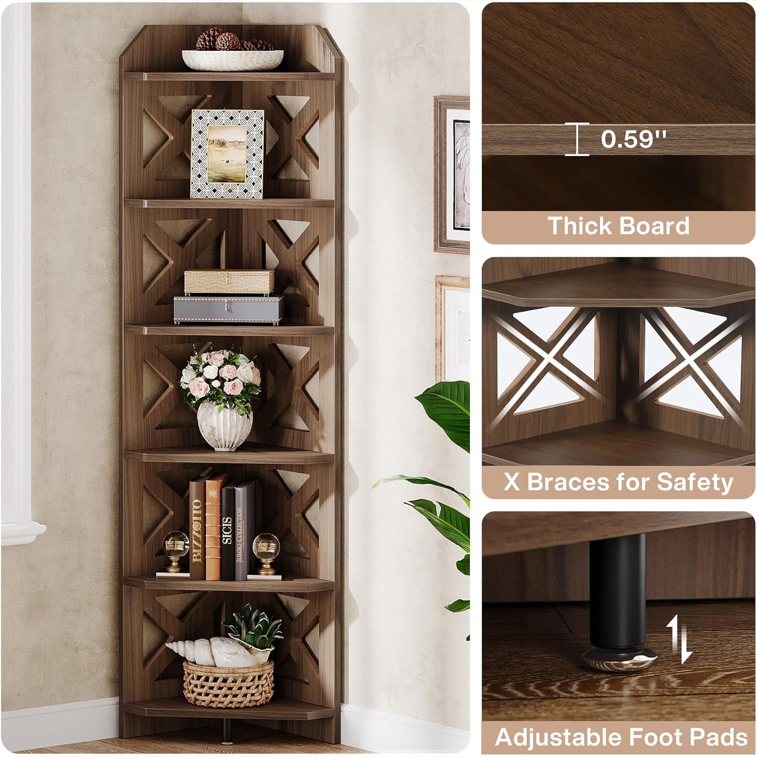70.8" Corner Shelf - 6-Tier Rustic Farmhouse Bookcase