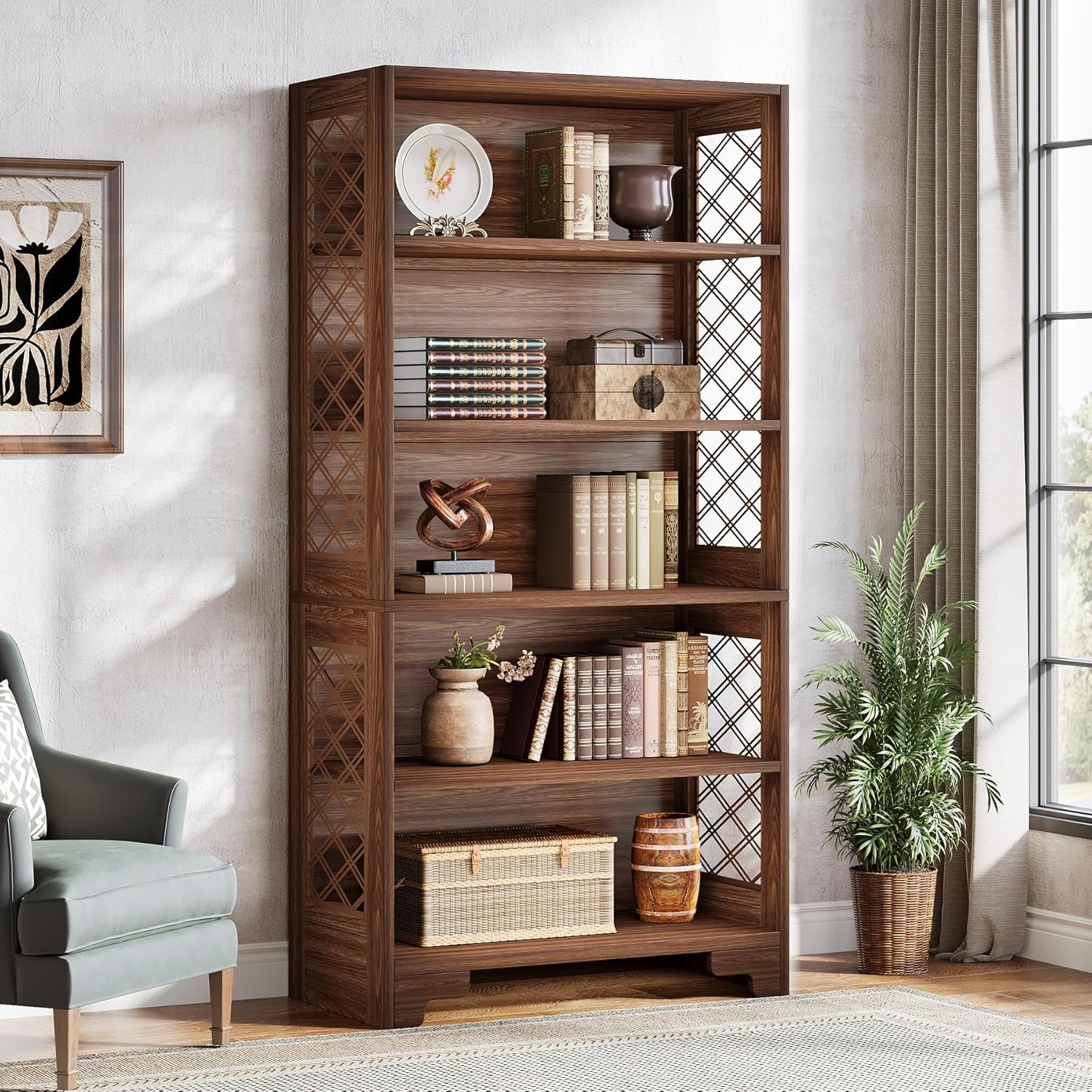 70.8" Mid-Century Bookcase - 6-Tier Vintage Display Shelf for Living Room & Home Office